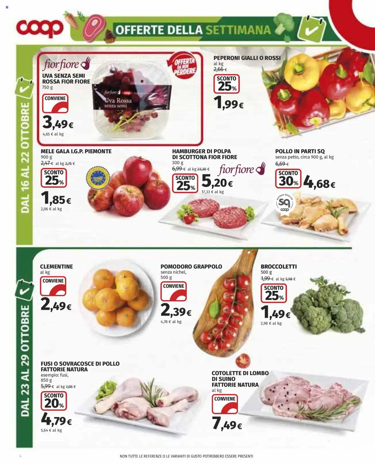 Volantino COOP del 16.10.2025 | Pagina: 4 | Prodotti: Mele, Peperoni, Uva, Hamburger