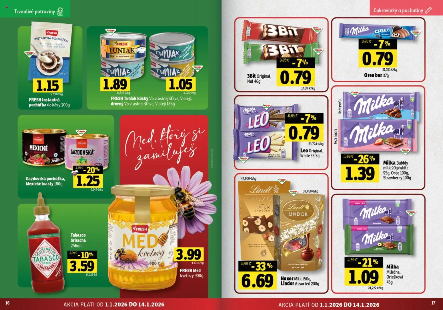 Nové Fresh akcie – leták je platný od 01.01.2026 | Strana: 9 | Produkty: Tuniak, Lindor, Lindt, Milka