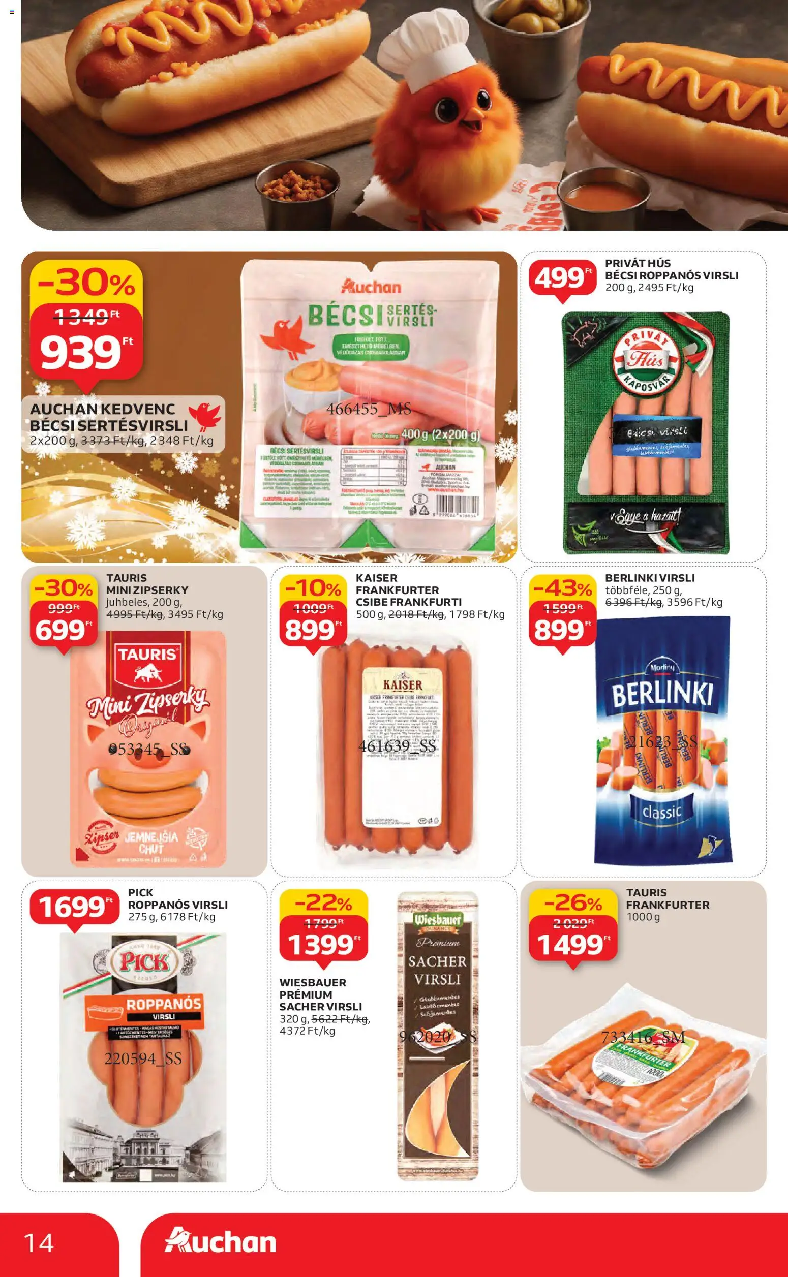 Auchan akciós ujság - amely érvényes a következő dátumtól: 27.11.2025 | Oldal: 14 | Termékek: Virsli, Hús, Pick, Gluténmentes
