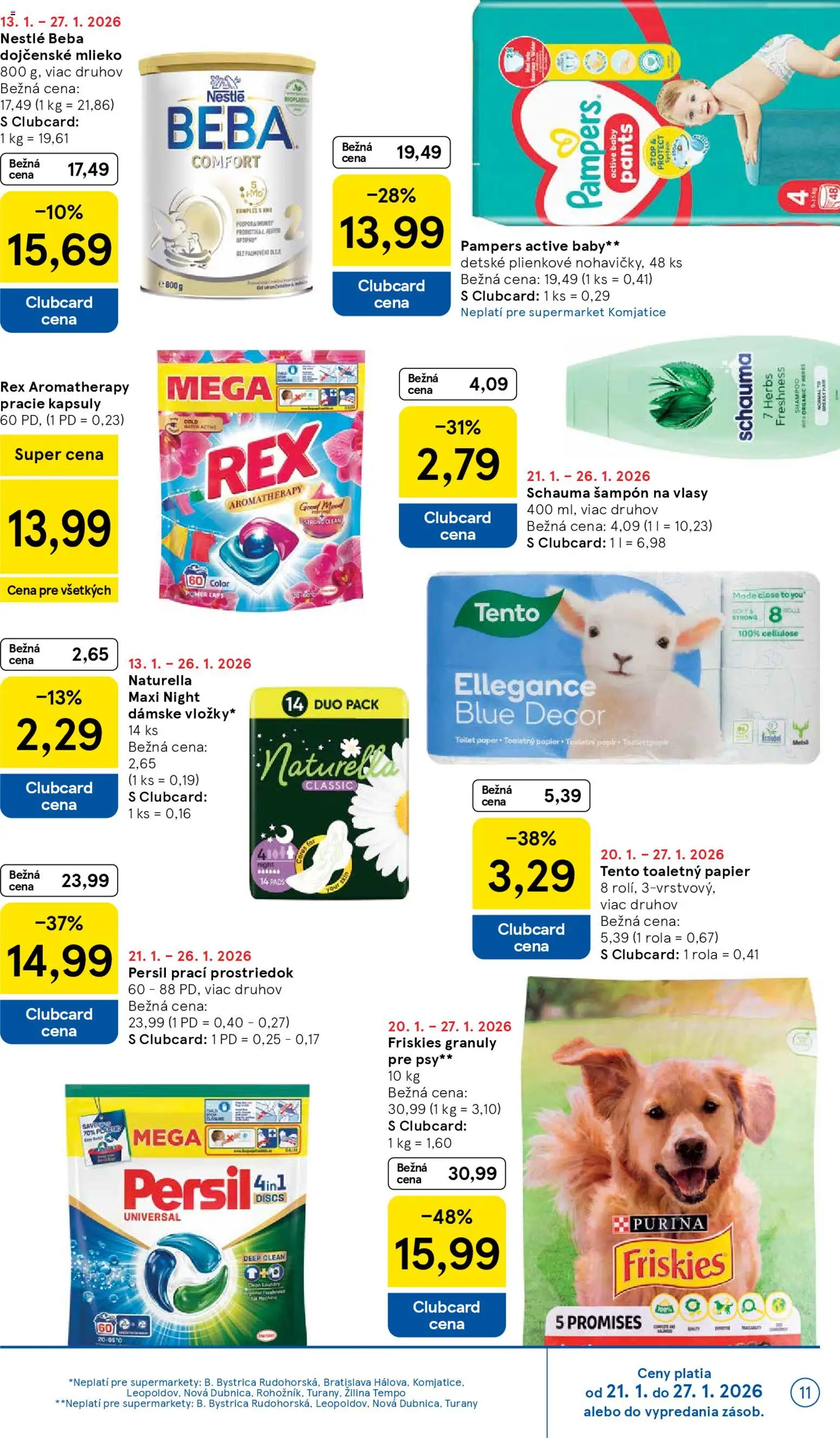 Nové Tesco akcie – leták je platný od 21.01.2026 | Strana: 11 | Produkty: Friskies, Persil, Šampón, Toaletný papier