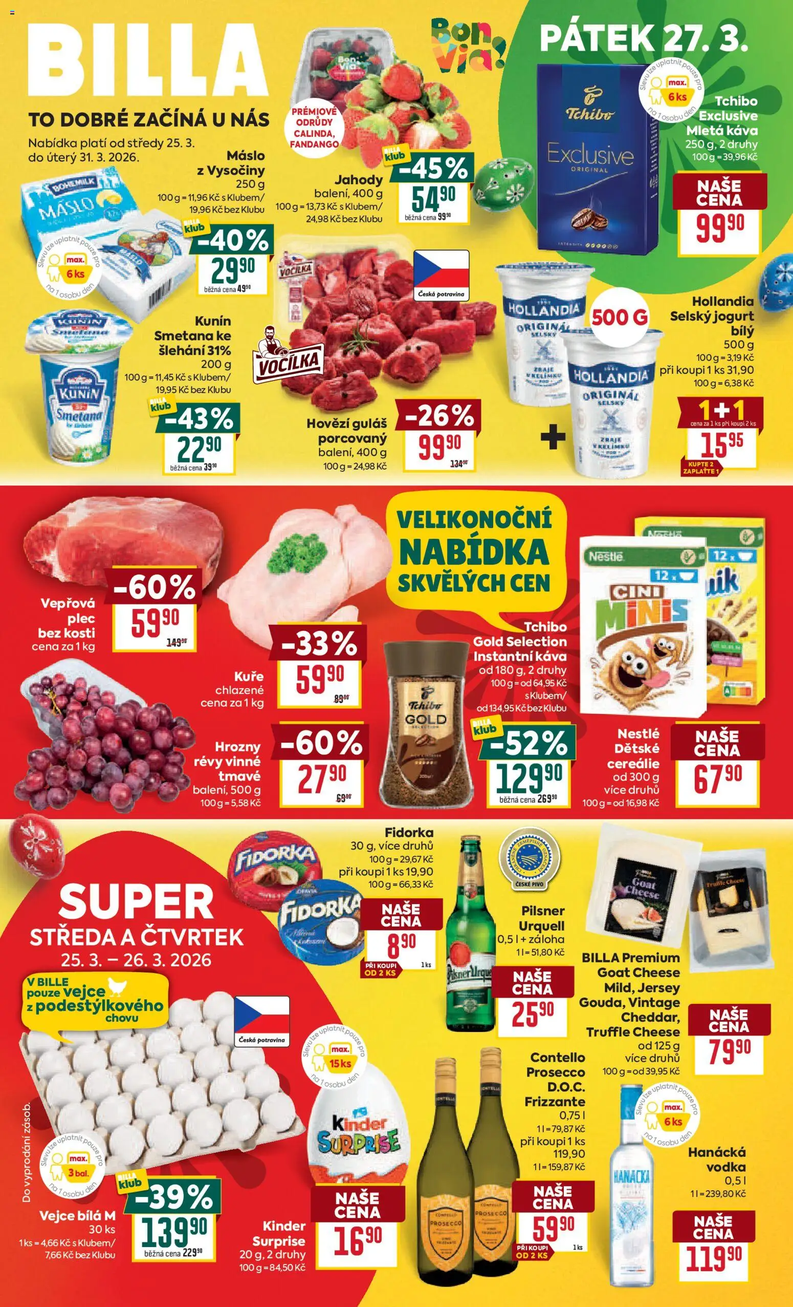 Billa Malý leták od 25.03.2026 | Strana: 1 | Produkty: Hovězí, Vejce, Kuře, Hrozny