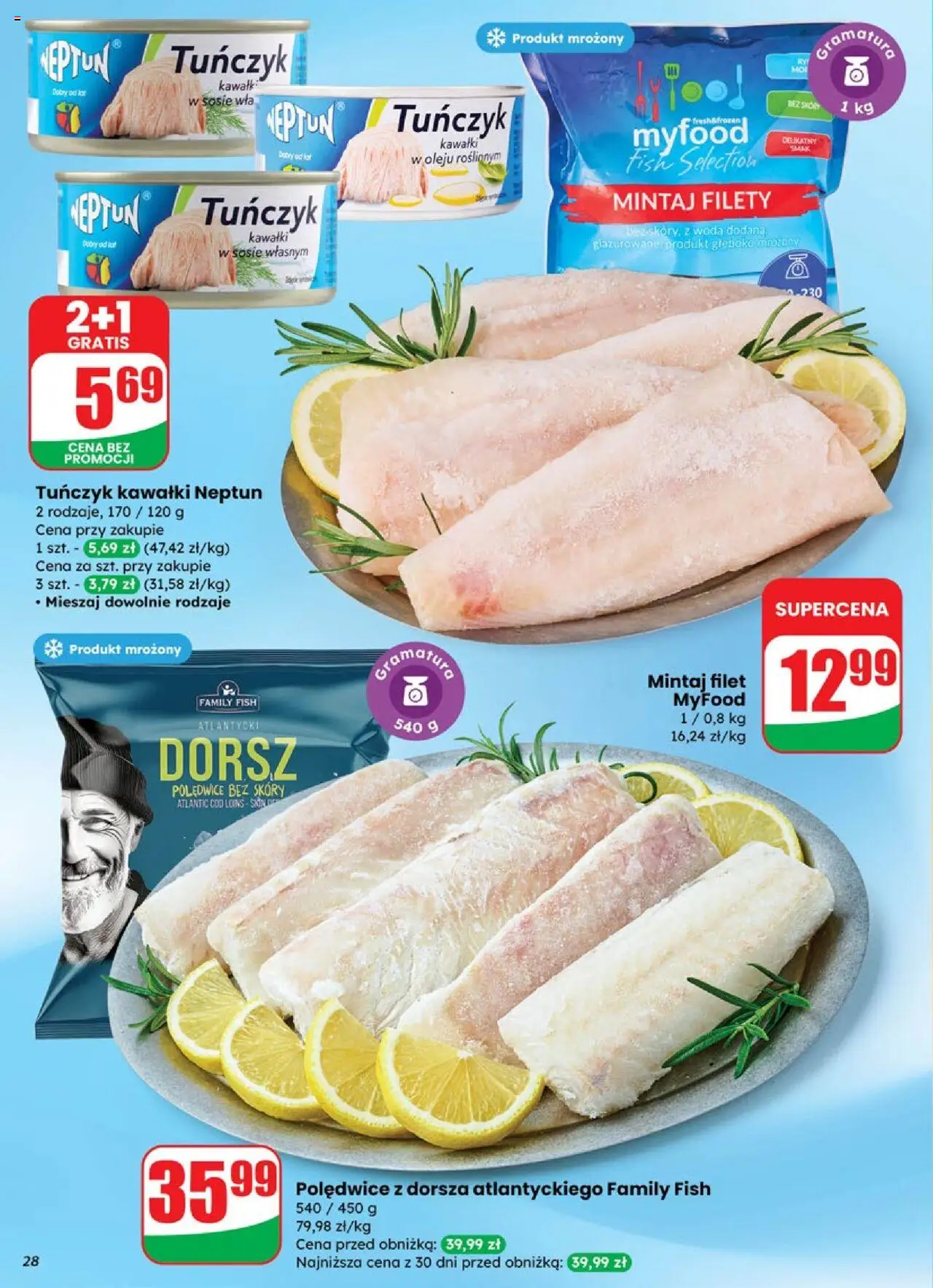 Dino Gazetka od 08.10.2025 | Strona: 28 | Produkty: Dorsz, Mintaj, Tuńczyk, Woda