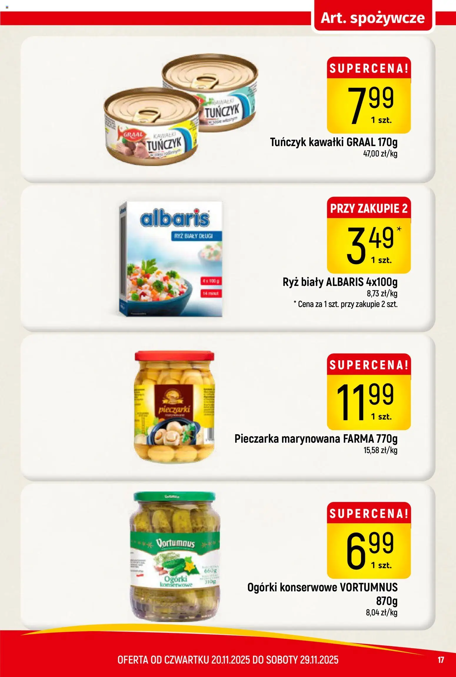 Piotruś Pan Gazetka od 20.11.2025 | Strona: 17 | Produkty: Tuńczyk, Ryż, Ogórki, Ogórki konserwowe