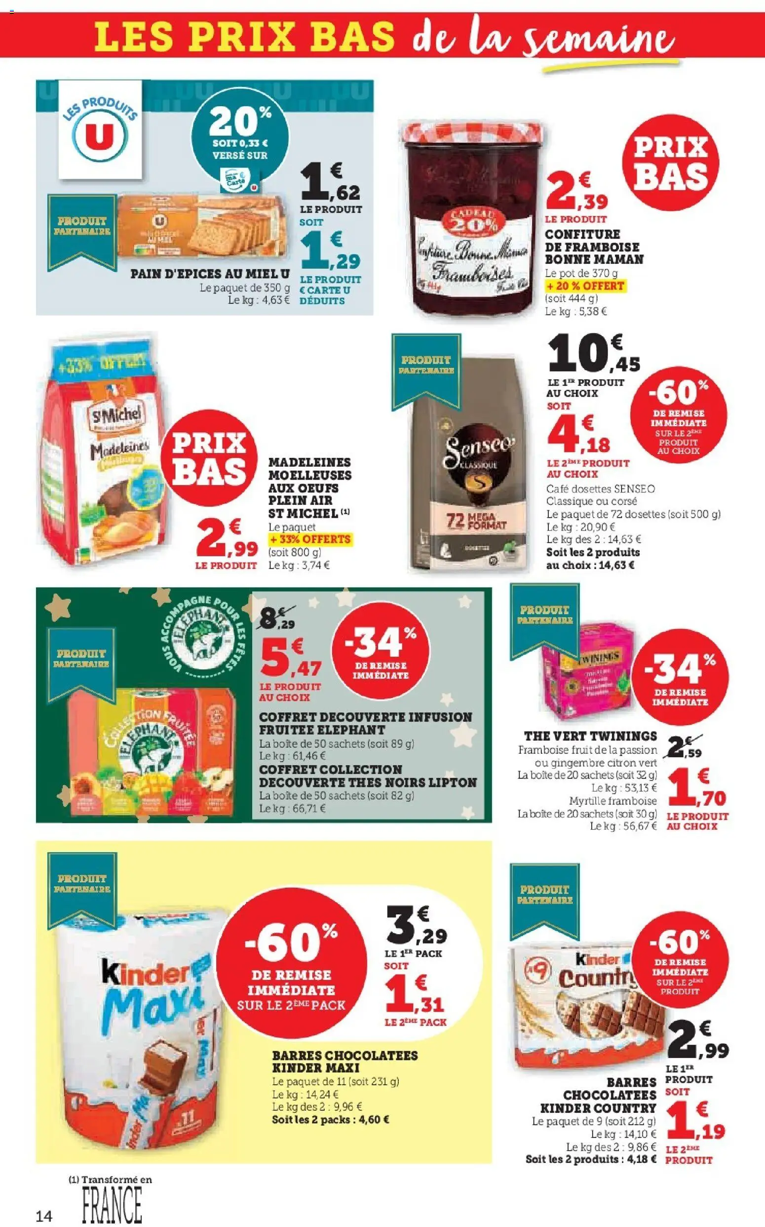 {H1} | Page: 14 | Produits: Kinder maxi, Infusion, Café, Kinder country