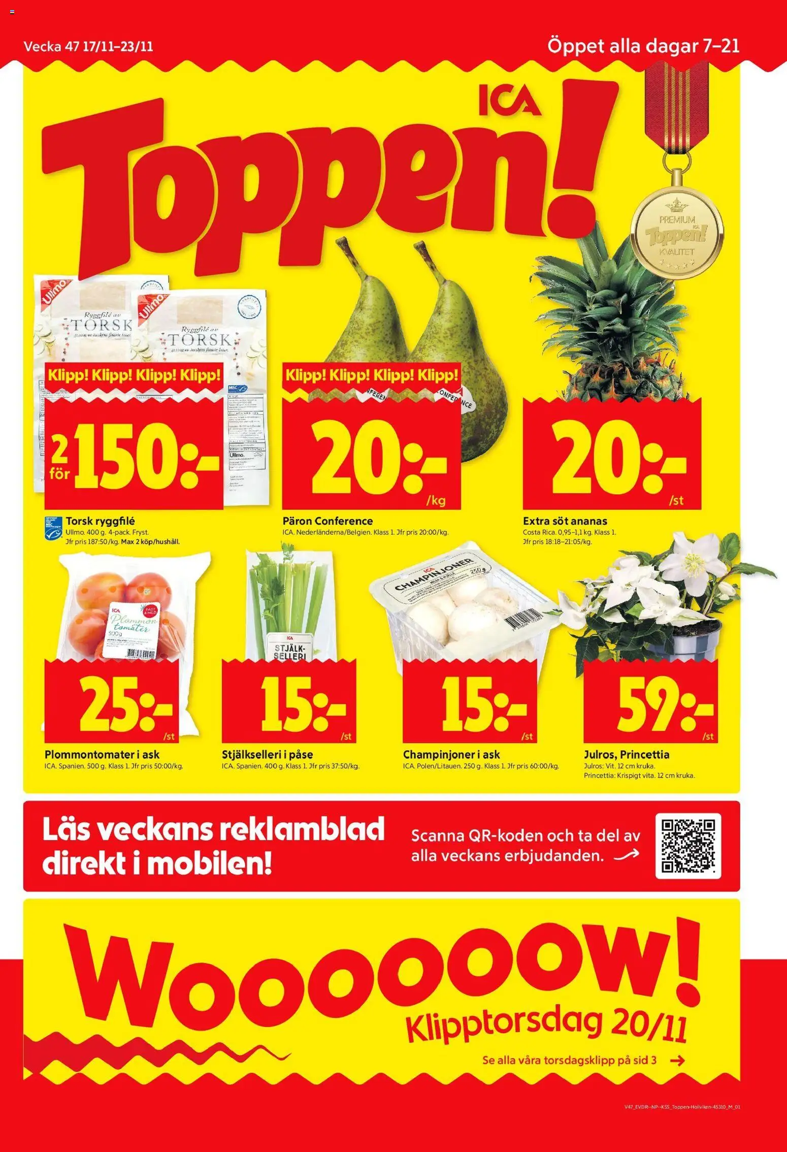 ICA Kvantum reklamblad aktuell från 17.11.2025 | Sida: 1 | Produkter: Plommon, Champinjoner, Tomater, Ananas