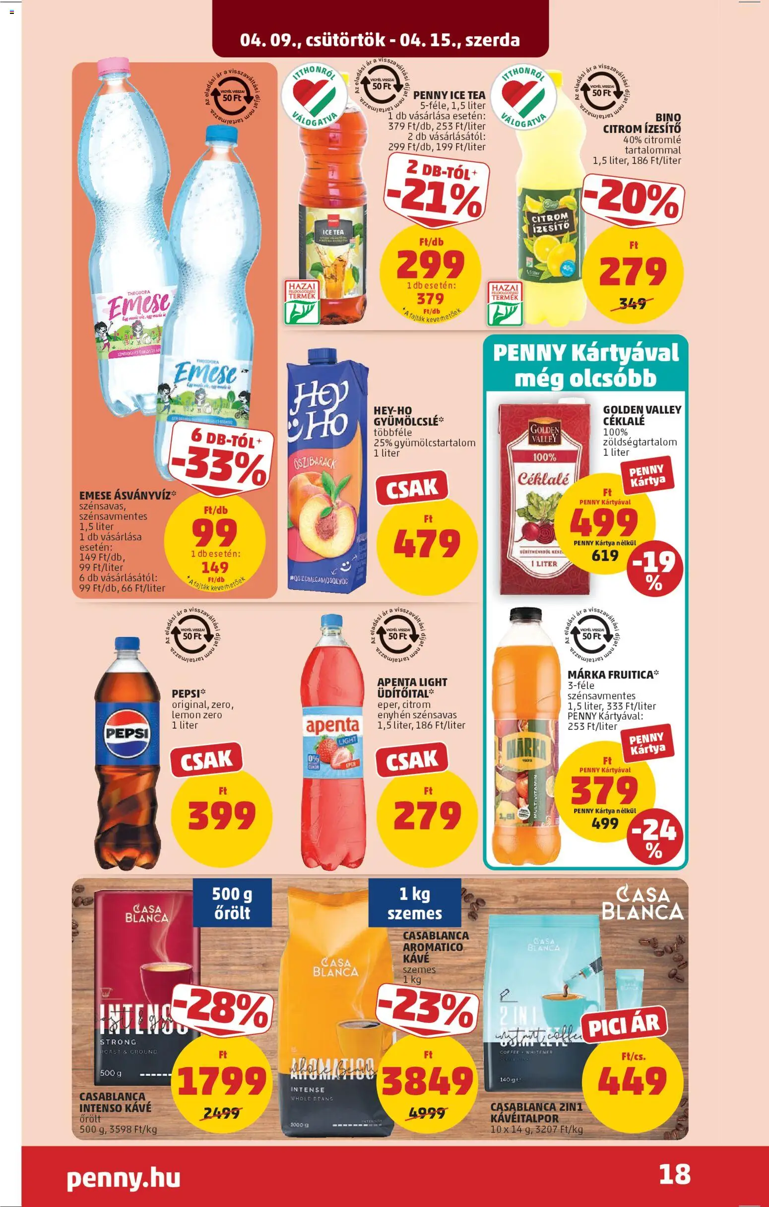 PENNY akciós ujság - amely érvényes a következő dátumtól: 09.04.2026 | Oldal: 22 | Termékek: Pepsi, Cola, Tea, Eper