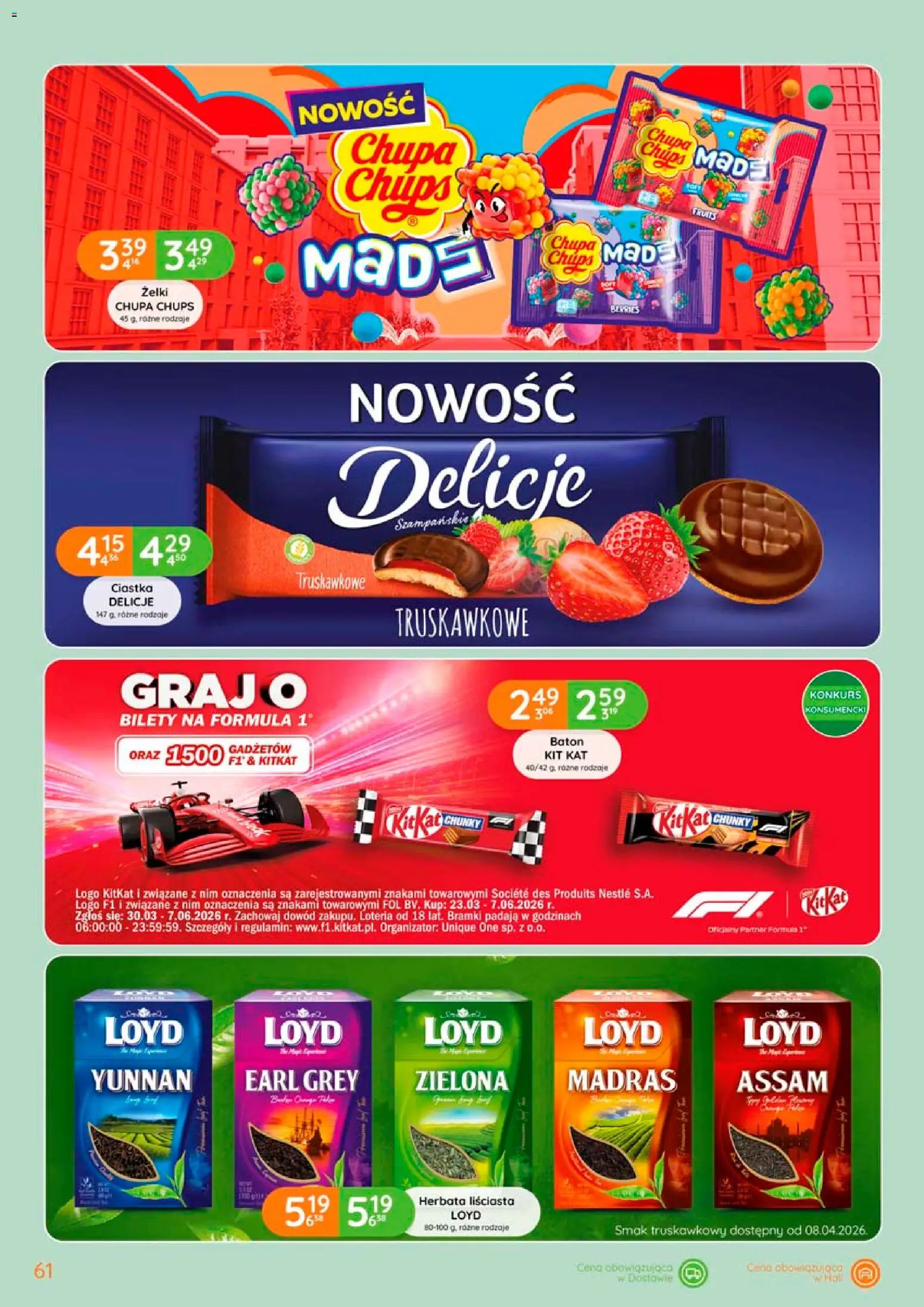 Eurocash gazetka od 02.04.2026 | Strona: 61 | Produkty: Herbata liściasta, Baton, Żelki, Ciastka