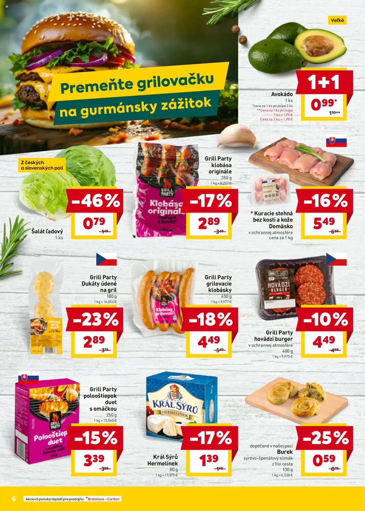 Billa leták │ platný od 06.08.2025 | Strana: 6 | Produkty: Gril, Klobása, Šalát, Avokádo