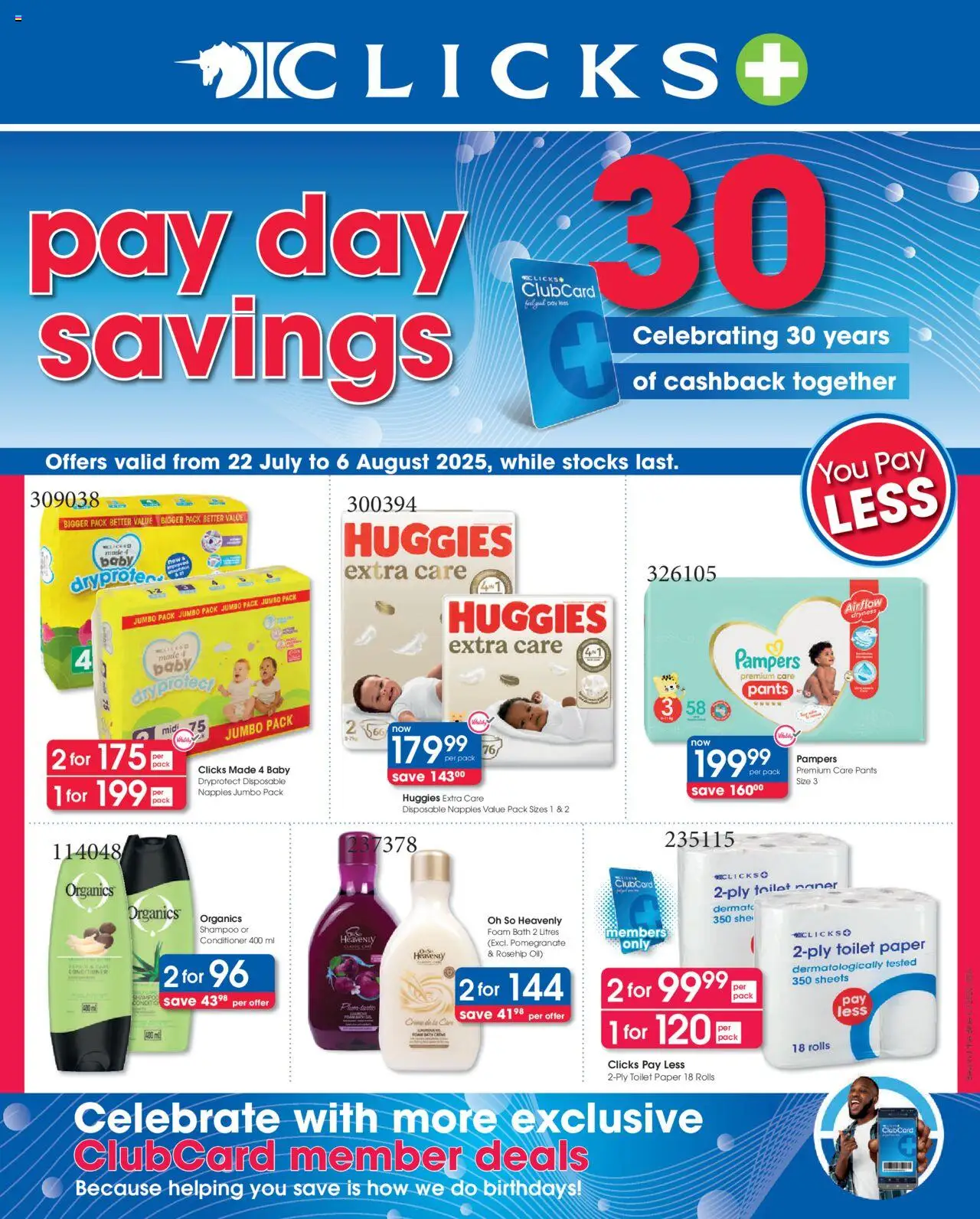 Clicks Specials │ valid from 22.07.2025 | Page: 1 | Products: Pants, Toilet, Shampoo, Foam