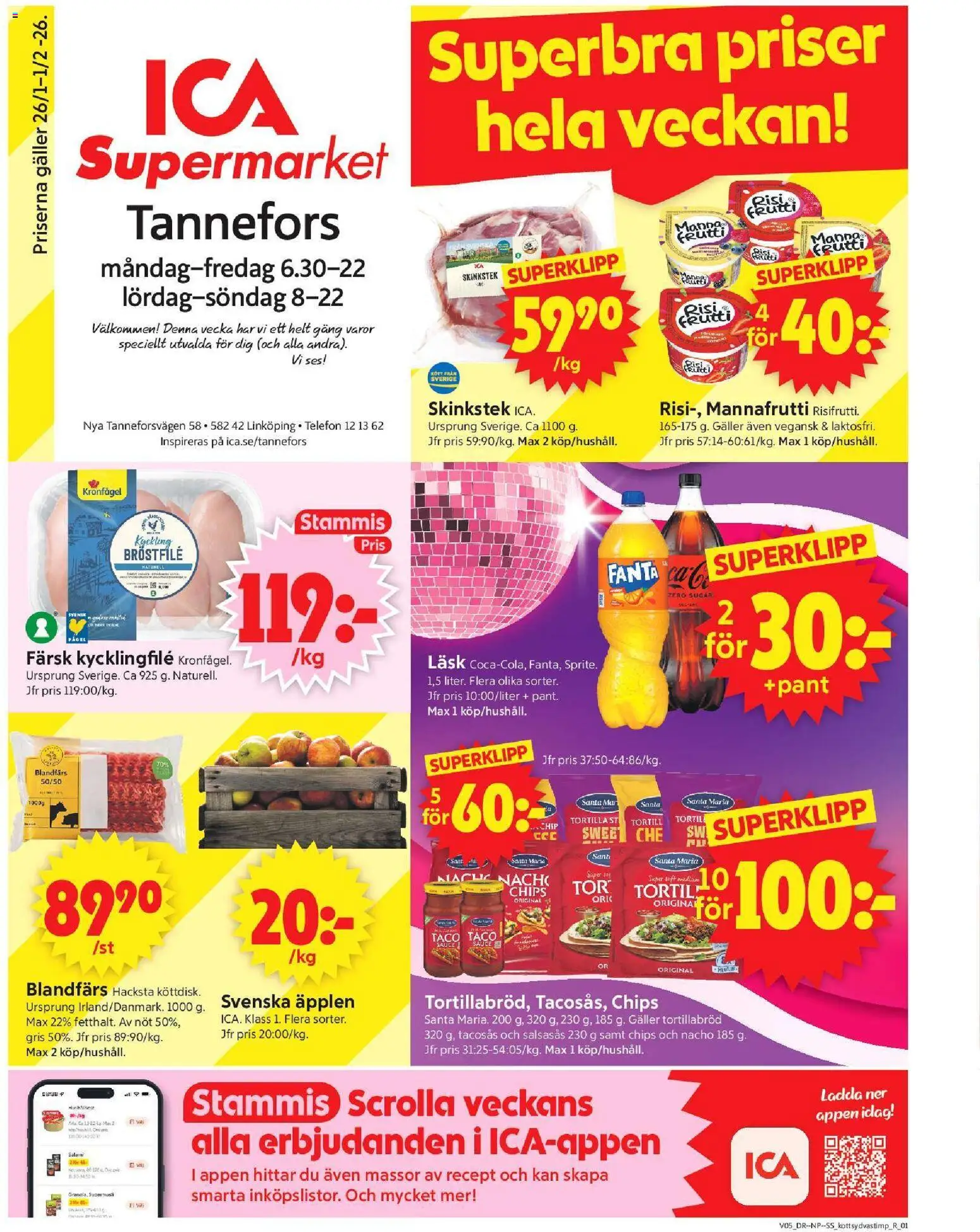 ICA Supermarket reklamblad aktuell från 26.01.2026 | Sida: 1 | Produkter: Kycklingfile, Galler, Chips, Salami