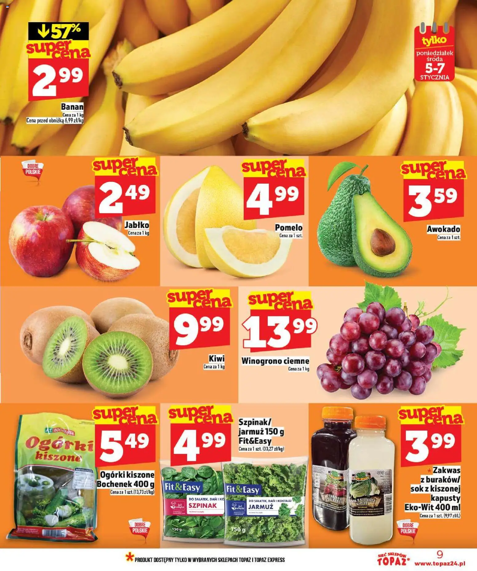 Topaz Gazetka - Ceny małe na stałe od 02.01.2026 | Strona: 9 | Produkty: Pomelo, Sok, Banan, Ogórki