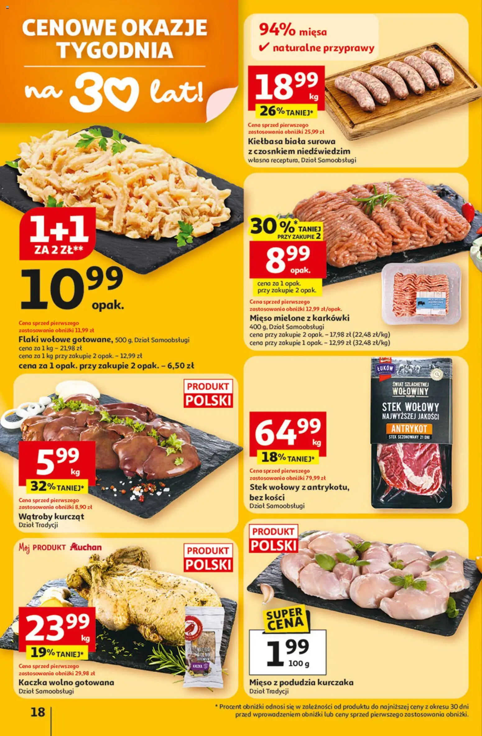 Auchan Gazetka - 30 Lat Hipermarket od 22.01.2026 | Strona: 18 | Produkty: Kiełbasa, Mięso mielone, Flaki wołowe, Przyprawy