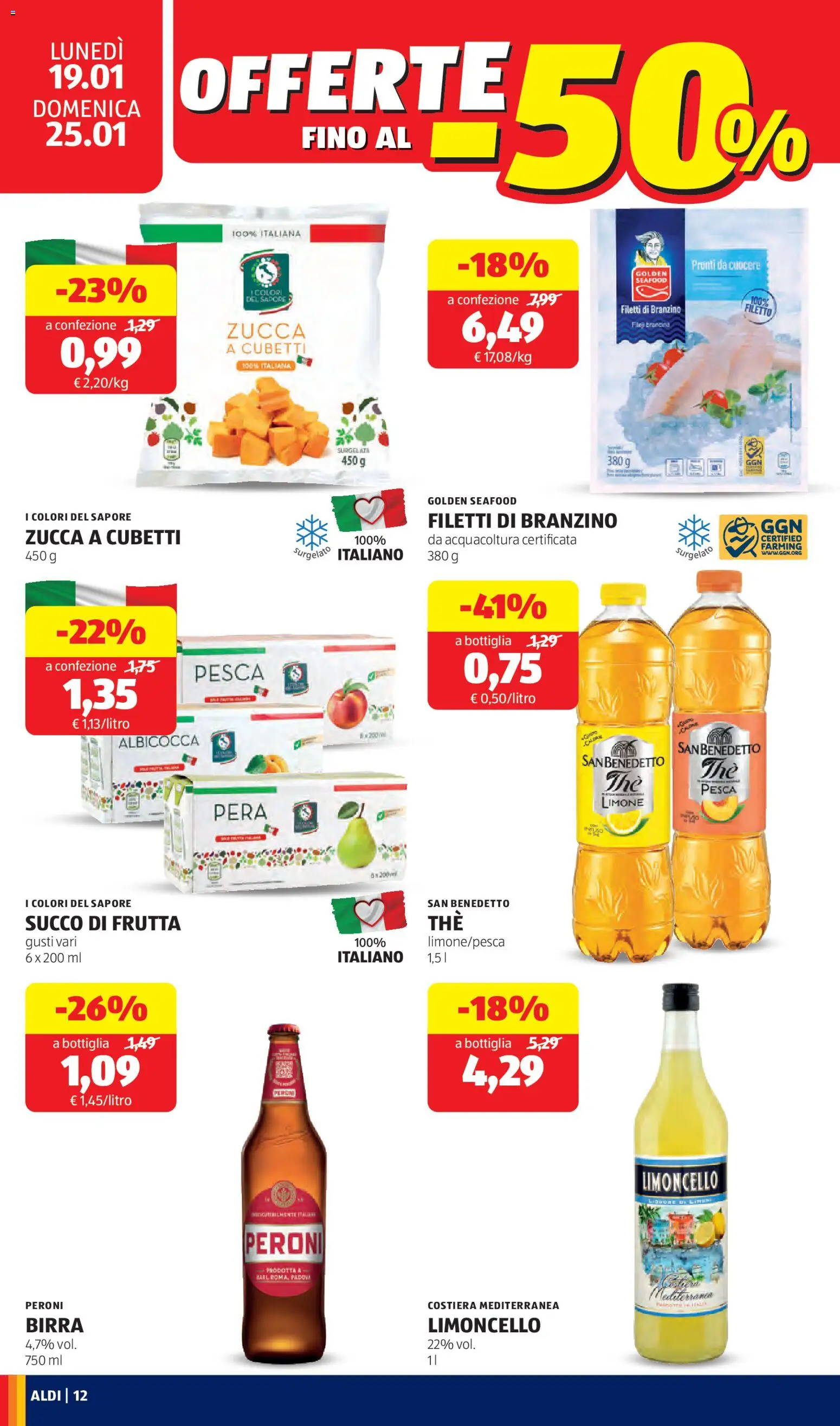 Volantino Aldi del 19.01.2026 | Pagina: 12 | Prodotti: Birra, Frutta, Pesca, Pera