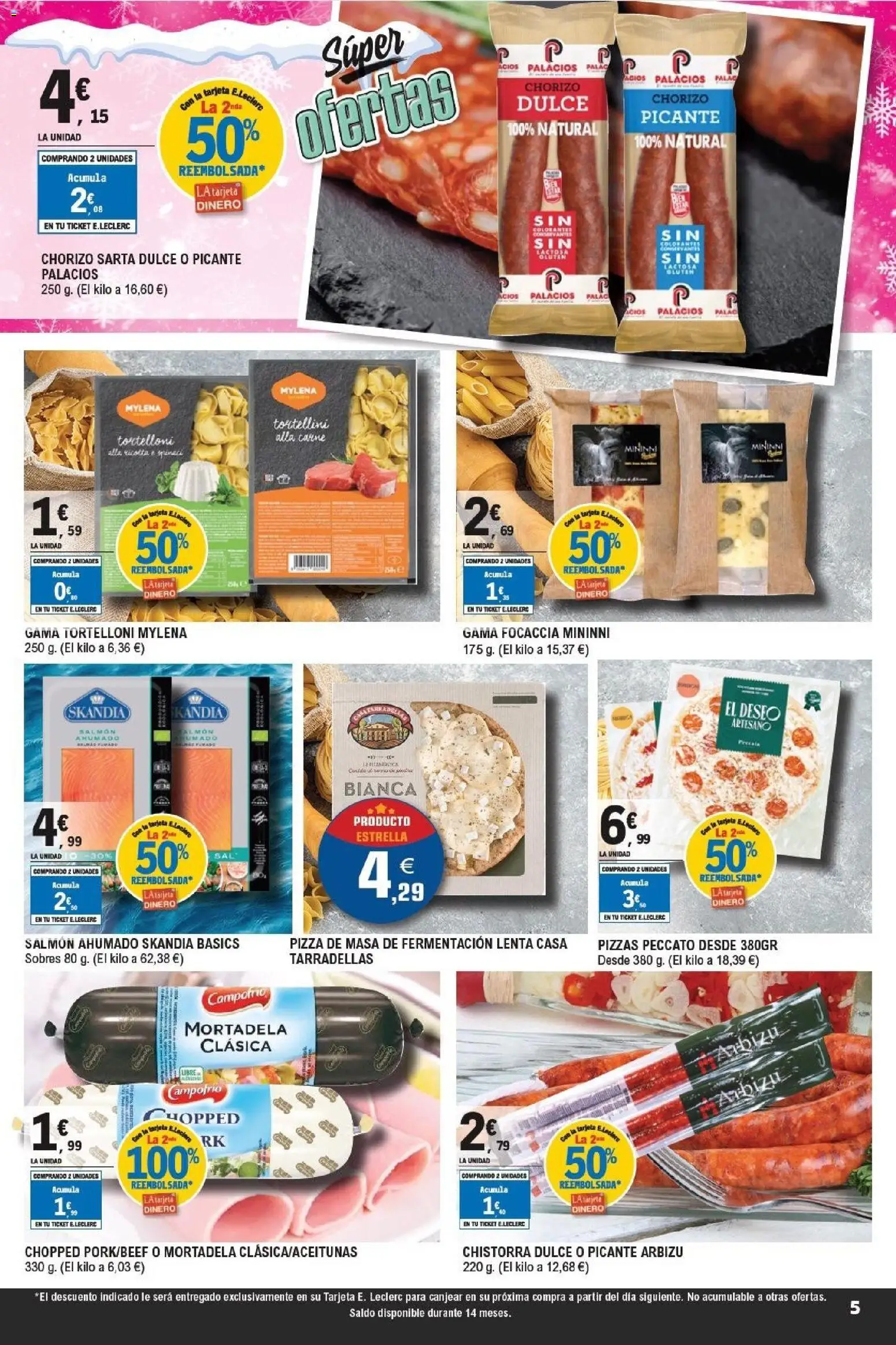 E.Leclerc folleto │ válido desde el 07.01.2026 | Página: 5 | Productos: Pizza, Ρυζογκοφρέτα, Salmón ahumado, Mortadela