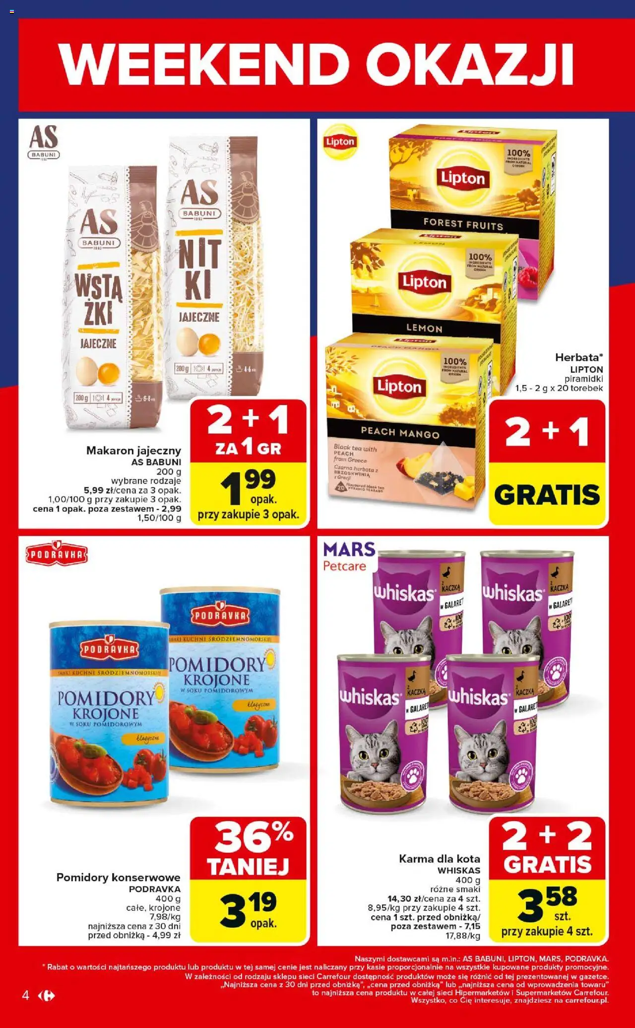 Carrefour Gazetka - Weekend okazji już od czwartku od 23.10.2025 | Strona: 4 | Produkty: Brzoskwinia, Pomidory, Herbata, Makaron