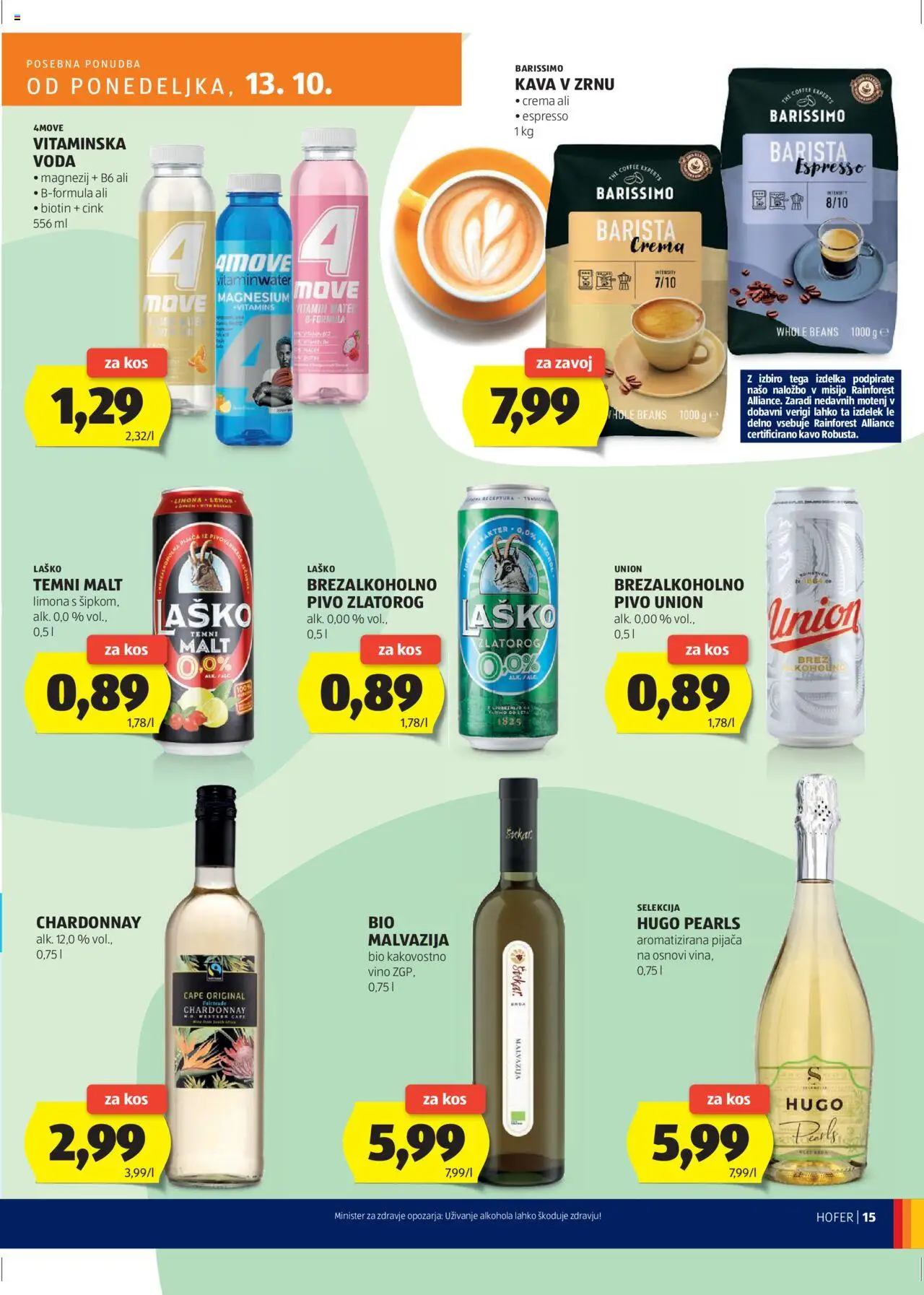 Hofer SI katalog | vrijedi od 09.10.2025 | Stranica: 15 | Proizvodi: Kava, Vino, Laško, Voda