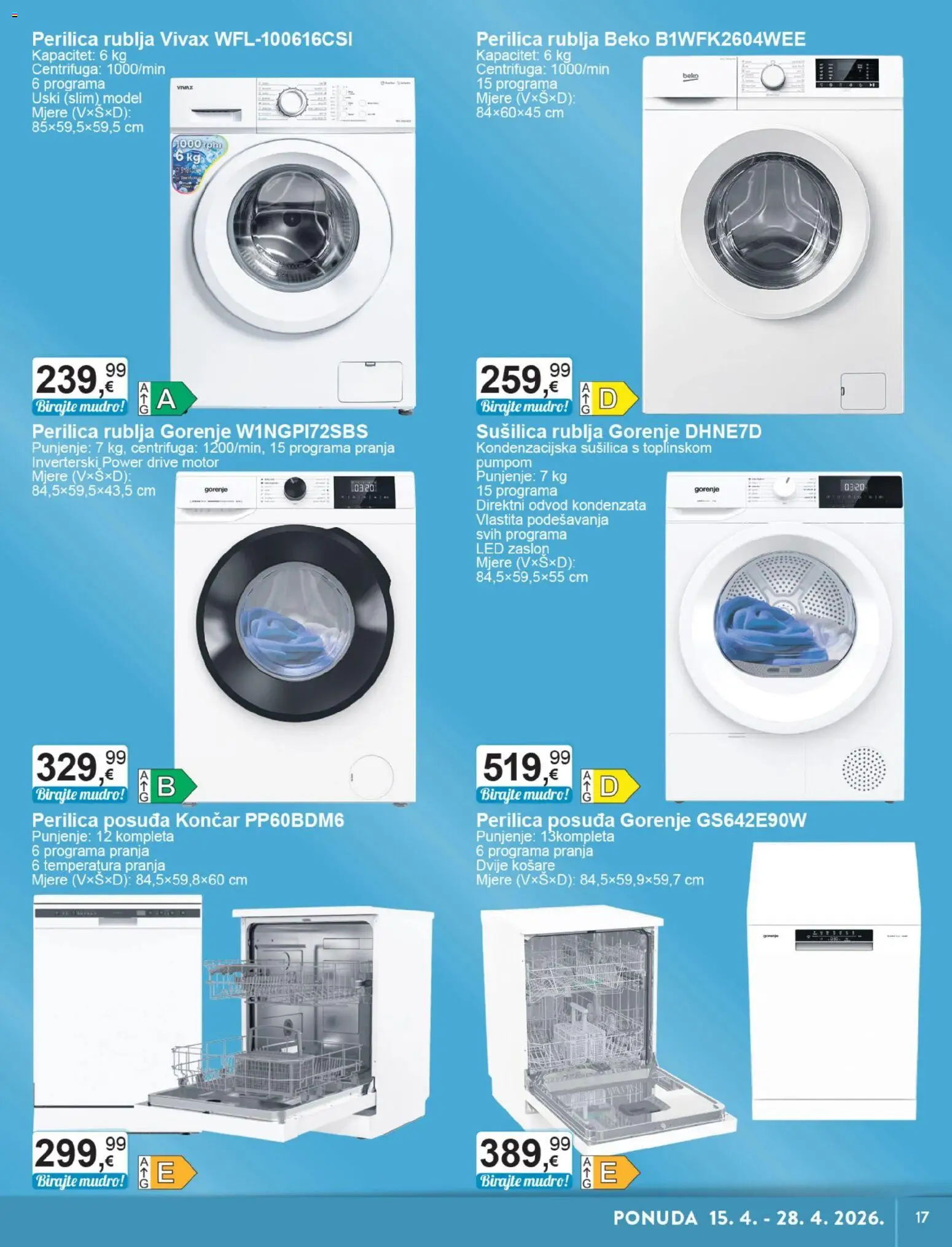 KTC katalog | vrijedi od 15.04.2026 | Stranica: 17 | Proizvodi: Perilica posuđa, Perilica rublja, Košare, Sušilica