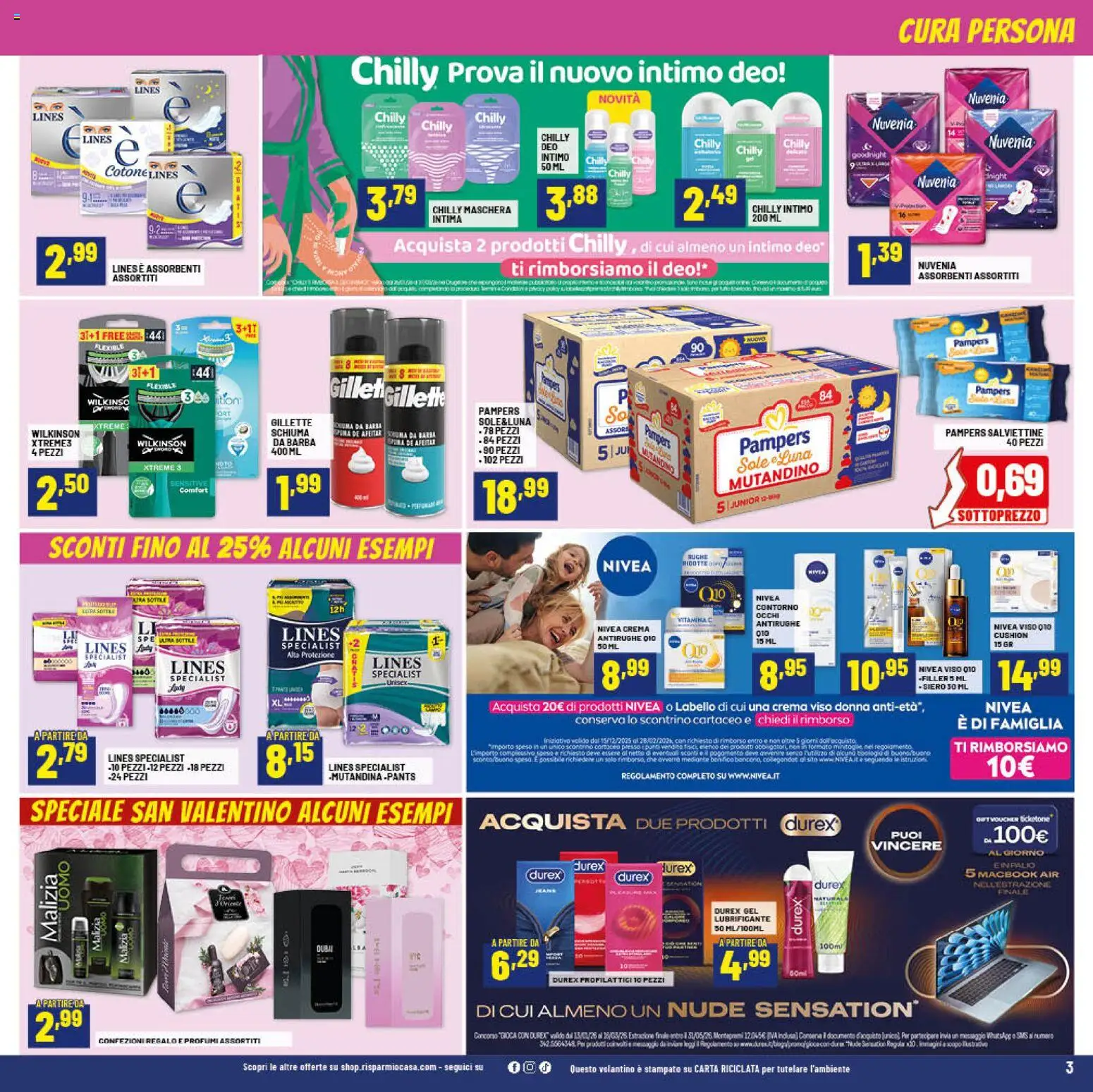 Volantino RisparmioCasa del 24.01.2026 | Pagina: 3 | Prodotti: Maschera, Lubrificante, Profilattici, Pampers
