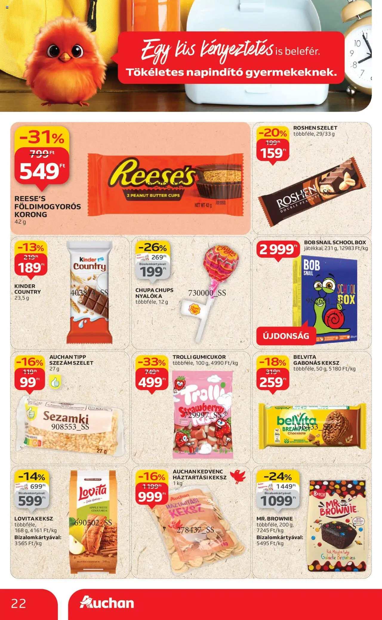 Auchan akciós ujság - amely érvényes a következő dátumtól: 28.08.2025 | Oldal: 22 | Termékek: Háztartási keksz, Nyalóka, Brownie, Keksz