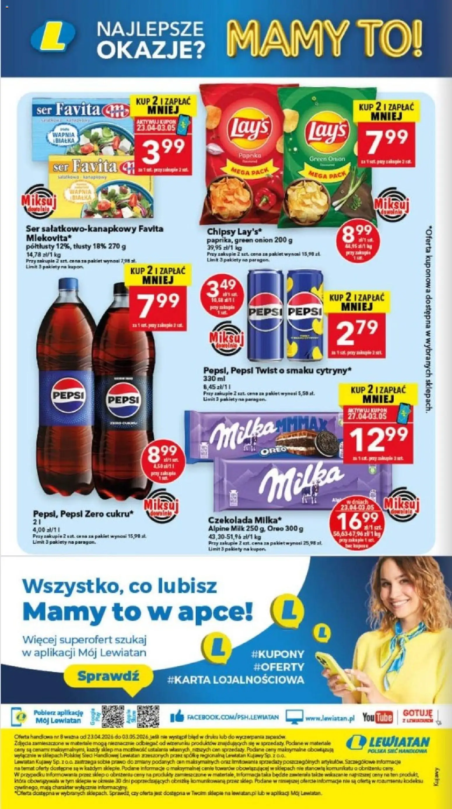 Lewiatan gazetka - Bydgoszcz od 23.04.2026 | Strona: 16 | Produkty: Chipsy, Ser favita, Pepsi, Milka