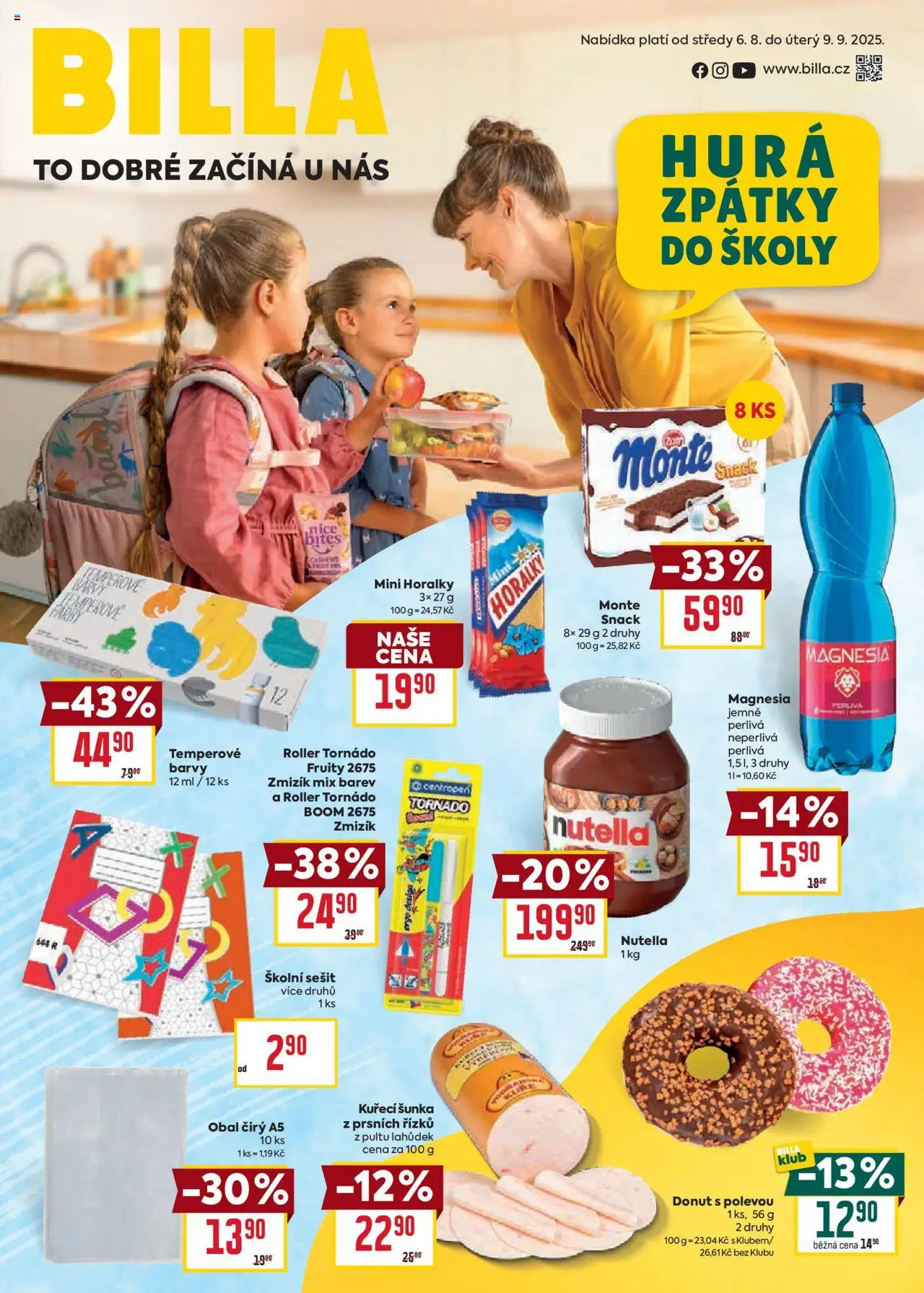 Billa leták - Zpátky do školy od 06.08.2025 | Strana: 1 | Produkty: Donut, Šunka, Horalky, Magnesia