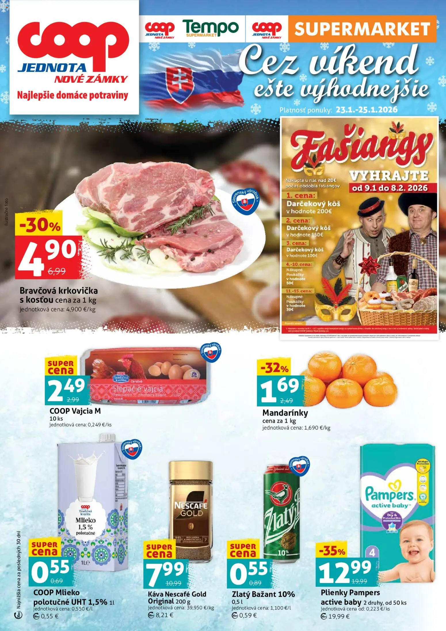 Nové COOP Jednota akcie – leták je platný od 23.01.2026 | Strana: 1 | Produkty: Vajcia, Kôš, Zlatý Bažant, Krkovička