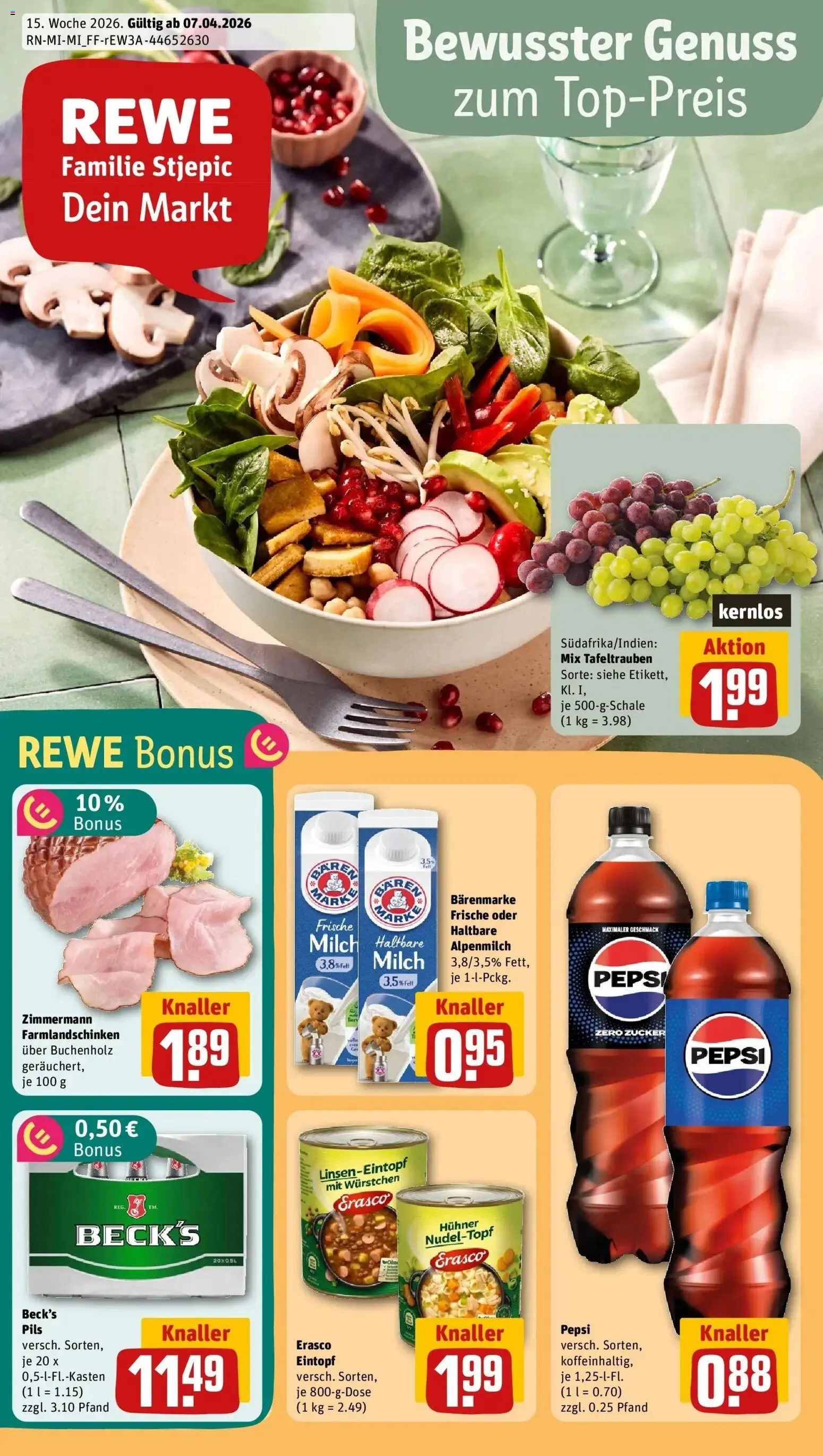 Rewe Prospekt Bad Schwalbach	 – gültig ab 05.04.2026 | Seite: 1 | Produkte: Haltbare milch, Zucker, Pepsi, Erasco