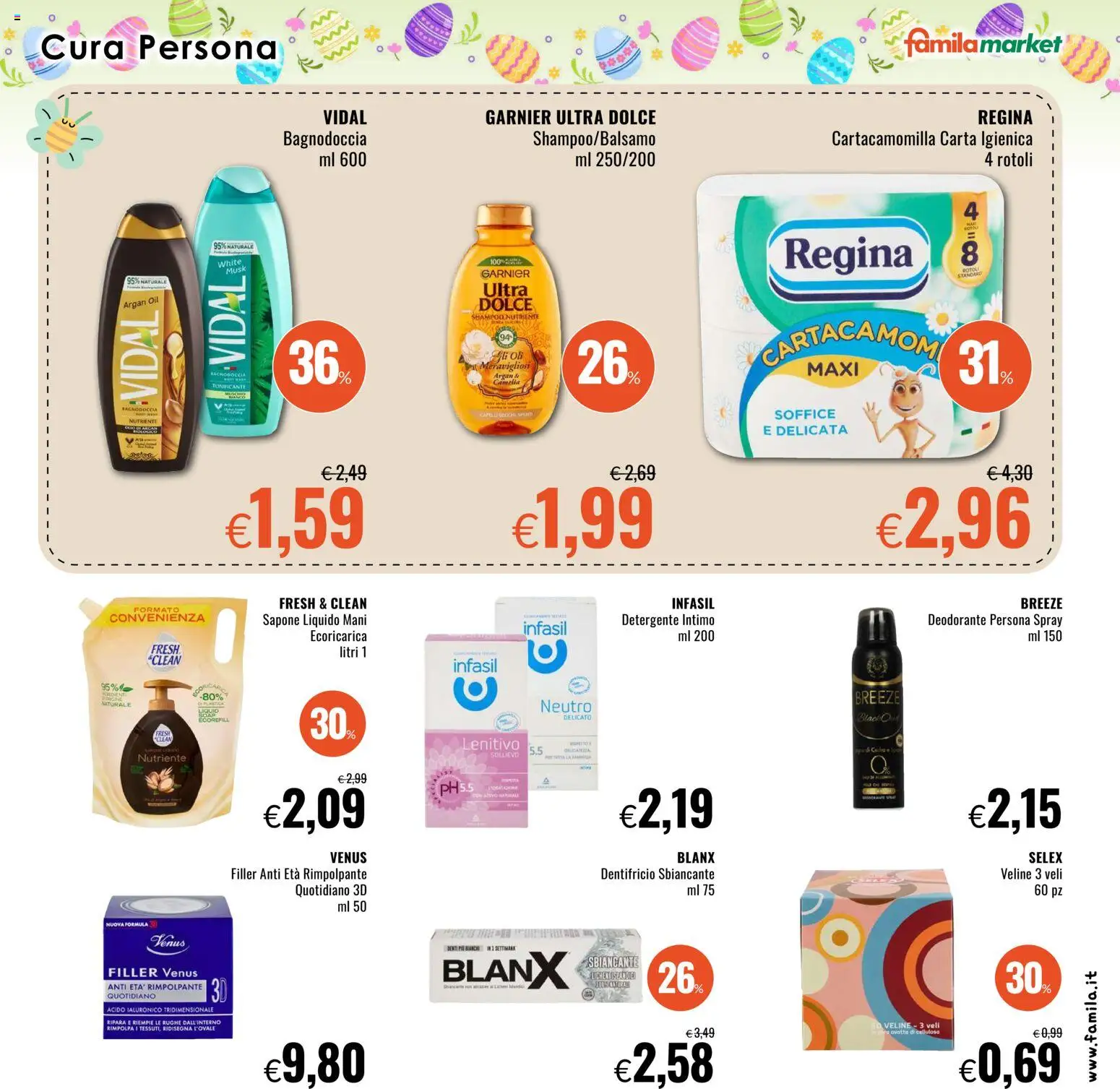 Volantino Famila del 26.03.2026 | Pagina: 21 | Prodotti: Shampoo, Dentifricio, Detergente, Intimo