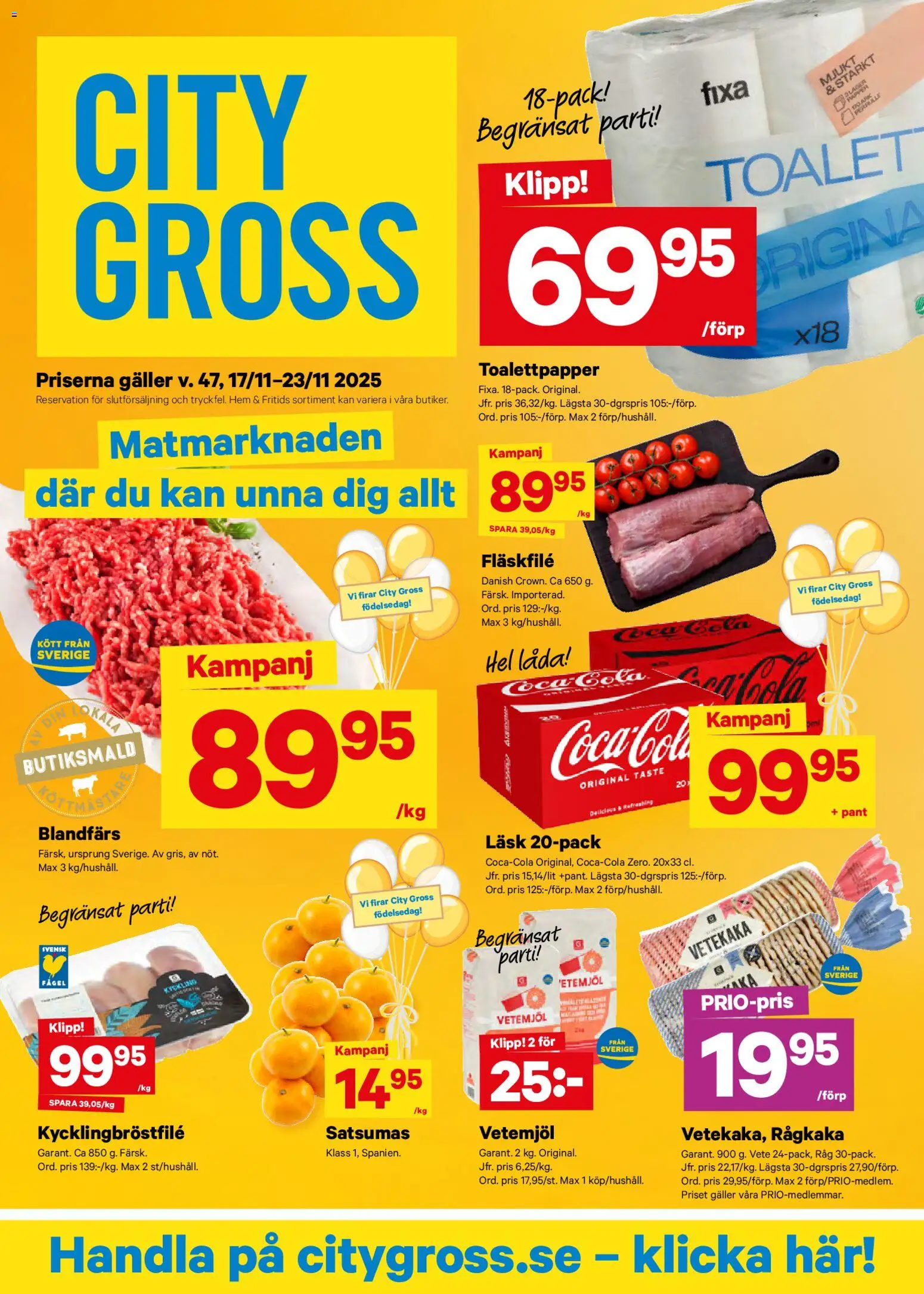 City Gross reklamblad aktuell från 17.11.2025 | Sida: 1 | Produkter: Galler, Låda, Blandfärs, Coca cola