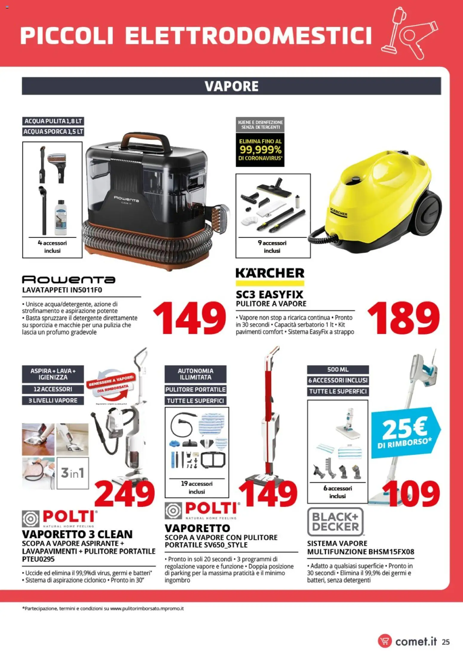 Volantino Comet del 24.04.2026 | Pagina: 25 | Prodotti: Pulitore a vapore, Scopa, Scopa a vapore, Profumo