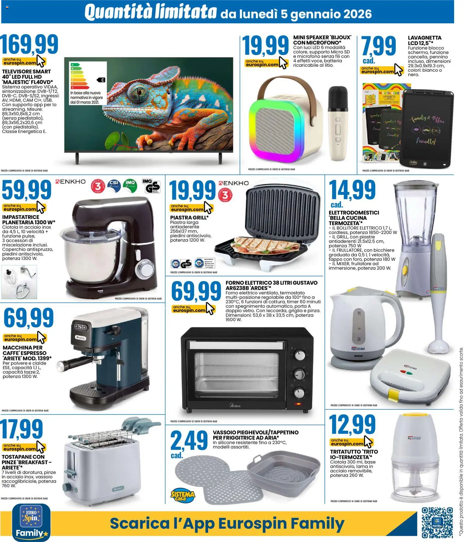 Volantino Eurospin del 05.01.2026 | Pagina: 14 | Prodotti: Frullatore, Impastatrice, Griglia, Batteria