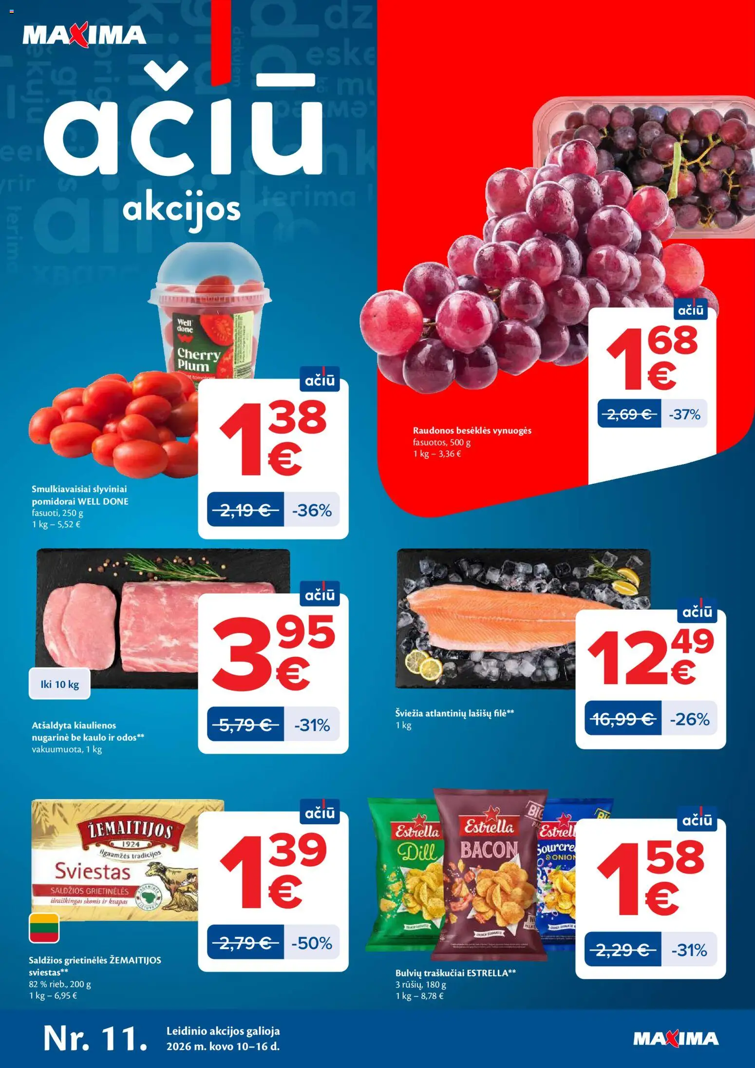MAXIMA akcijos nuo 10.03.2026 | Puslapis: 1 | Prekių: Kiaulienos, Vynuogės, Sviestas, Pomidorai
