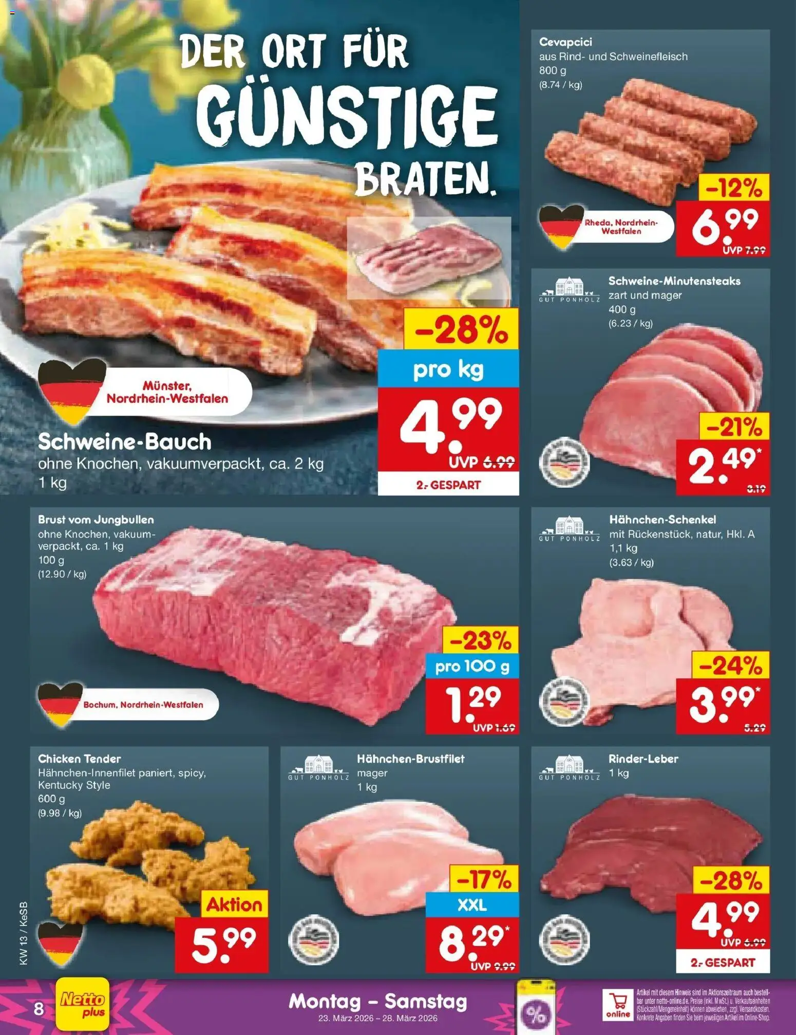 Netto Marken-Discount Prospekt Bonn	 – gültig ab 23.03.2026 | Seite: 8 | Produkte: Hahnchenschenkel, Schweinebauch, Cevapcici, Schweinefleisch