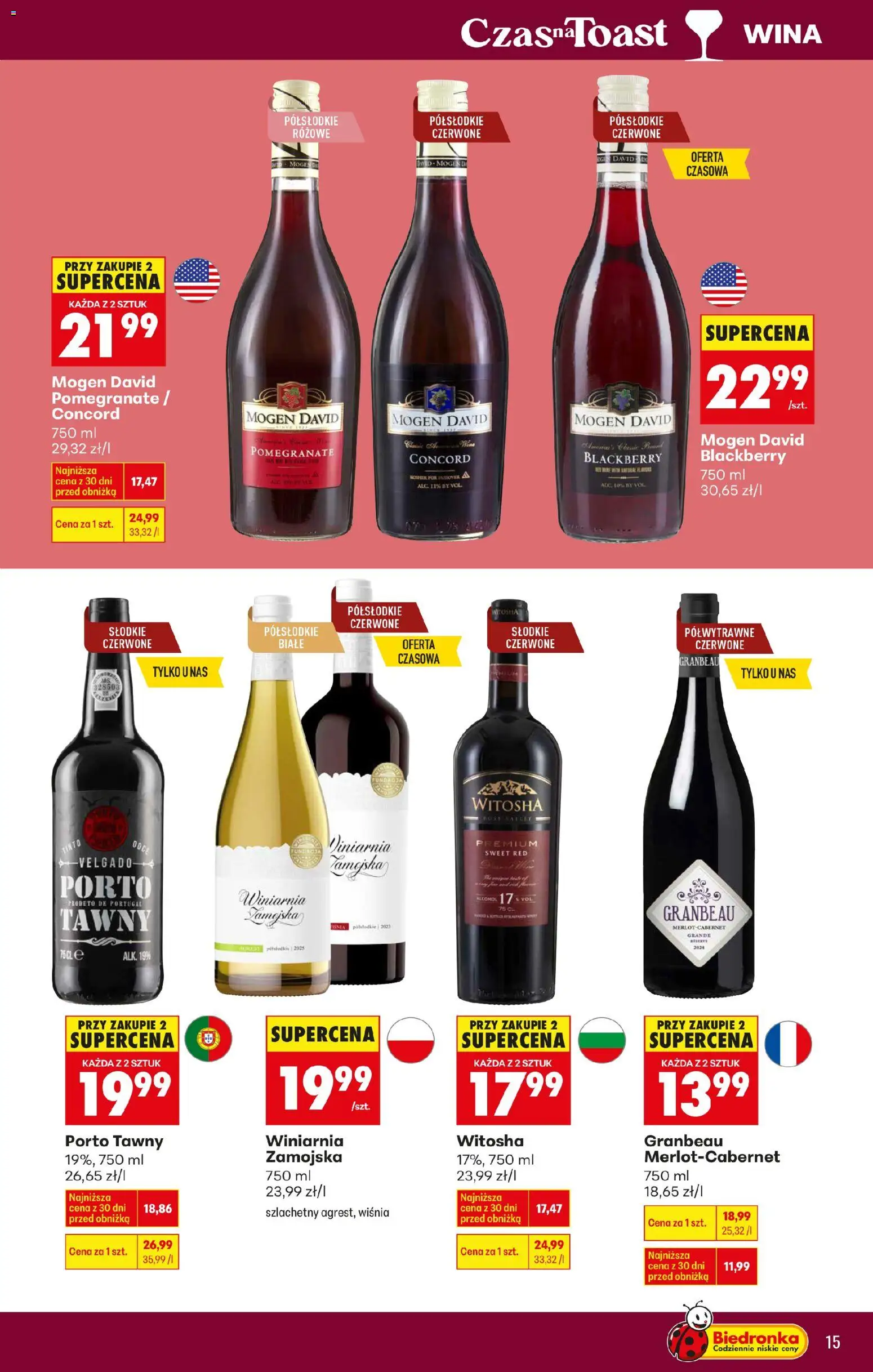 Biedronka gazetka - Czas na toast od 26.01.2026 | Strona: 15 | Produkty: Mogen david pomegranate, Winiarnia, Winiarnia Zamojska