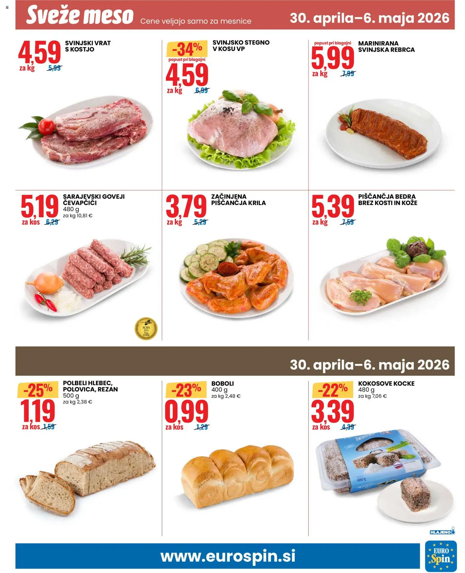 Novi Eurospin katalog ponudbe – veljaven od 30.04.2026 | Stran: 13 | Izdelki: Rebrca, Čevapčiči, Piščančja bedra, Piščančja krila