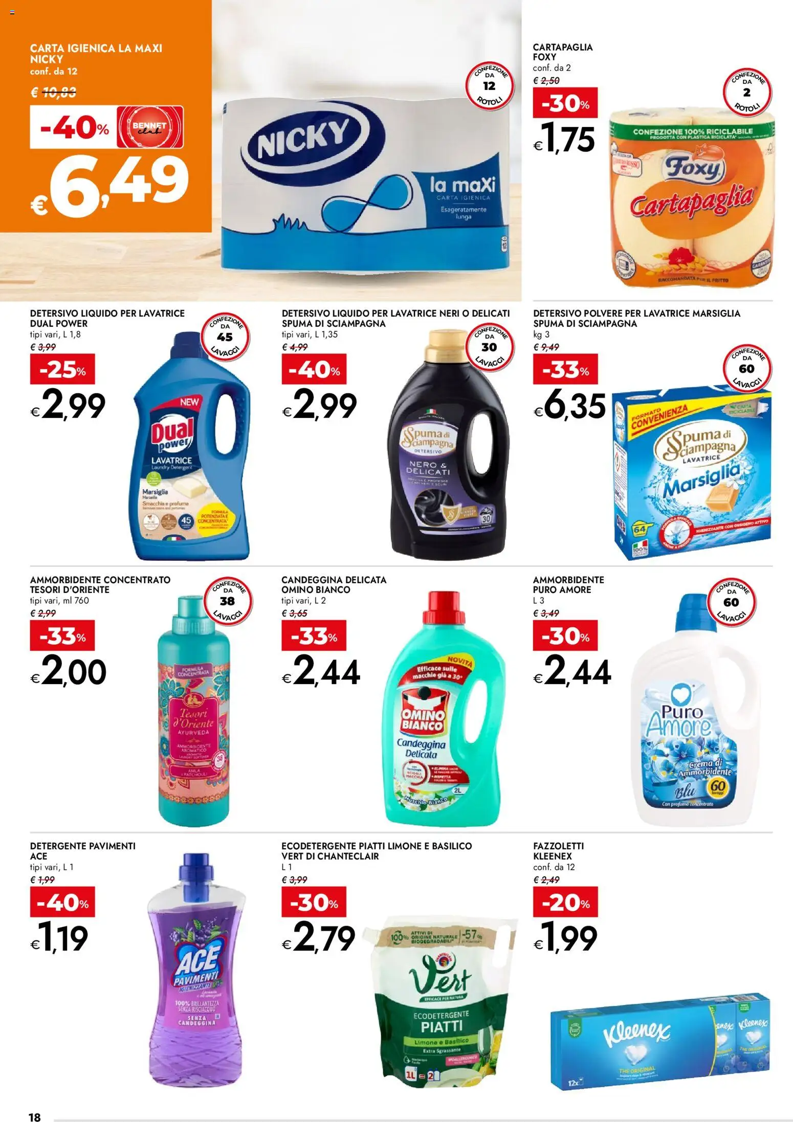 Volantino bennet del 19.02.2026 | Pagina: 18 | Prodotti: Carta igienica, Fazzoletti, Lavatrice, Basilico