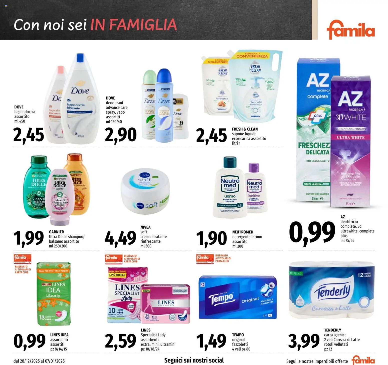 Volantino Famila del 28.12.2025 | Pagina: 19 | Prodotti: Detergente, Fazzoletti, Intimo, Latte