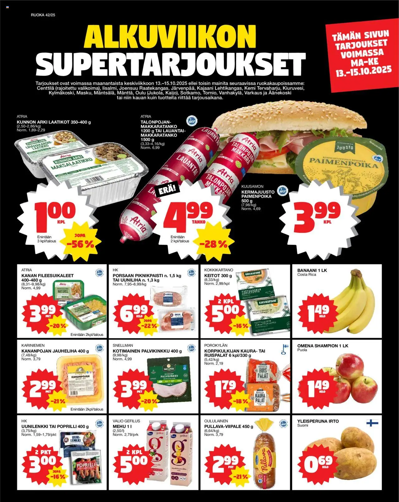 Tokmanni Ruokatarjoukset – voimassa 13.10.2025 alkaen | Sivu: 1 | Tuotteet: Makkara, Kaura, Laatikko, Juusto