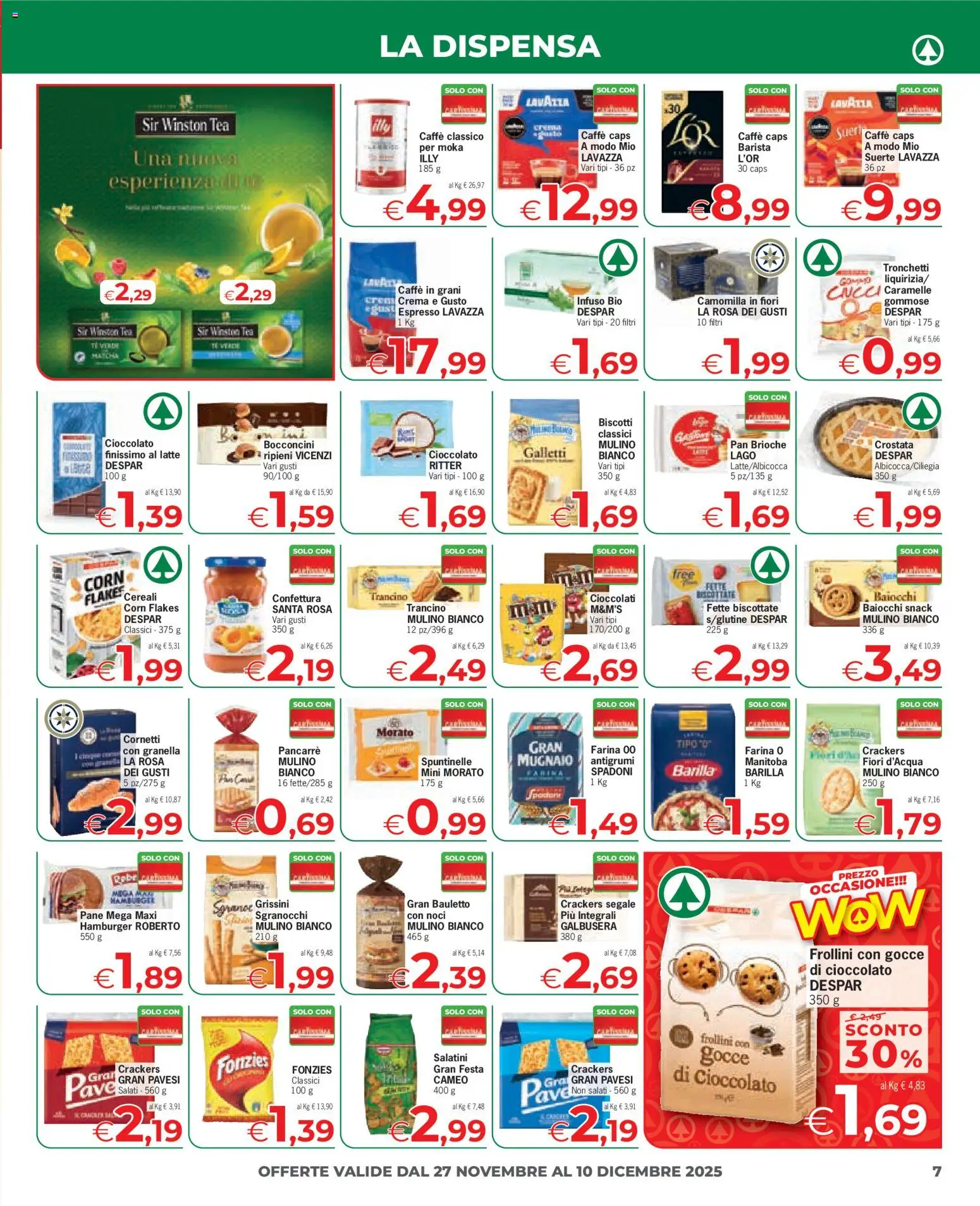 Volantino Despar del 27.11.2025 | Pagina: 7 | Prodotti: Cioccolato, Cereali, Caffè in grani, Hamburger