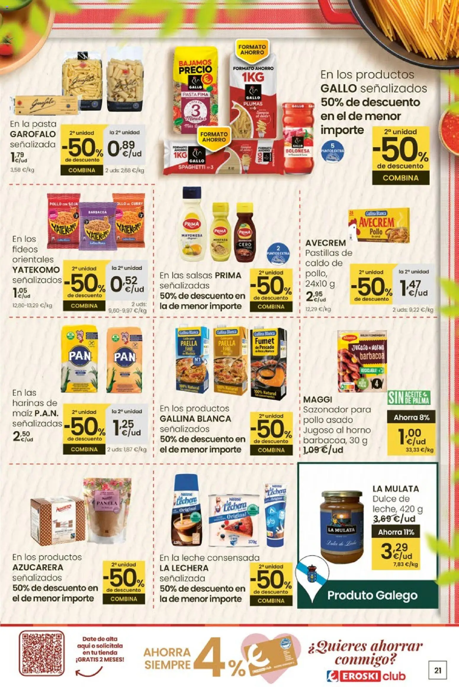 Eroski Quieres ahorrar conmigo │ válido desde el 16.04.2026 | Página: 21 | Productos: Leche, Fideos, Sazonador, Οθόνη προβολής