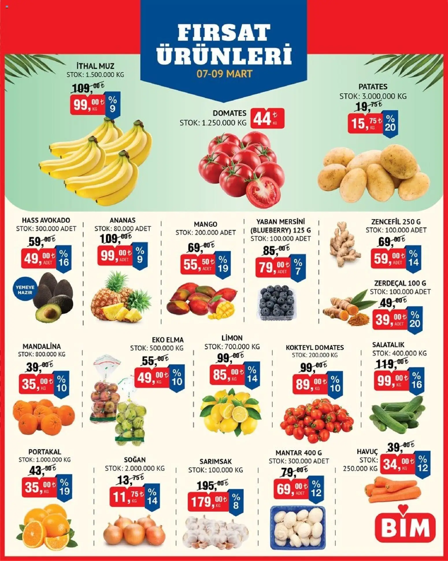 BİM - Meyve-Sebze, İndirim - 07.03.2026 tarihinden itibaren geçerlidir | Sayfa: 1 | Ürünler: Portakal, Mandalina, Avokado, Sarımsak