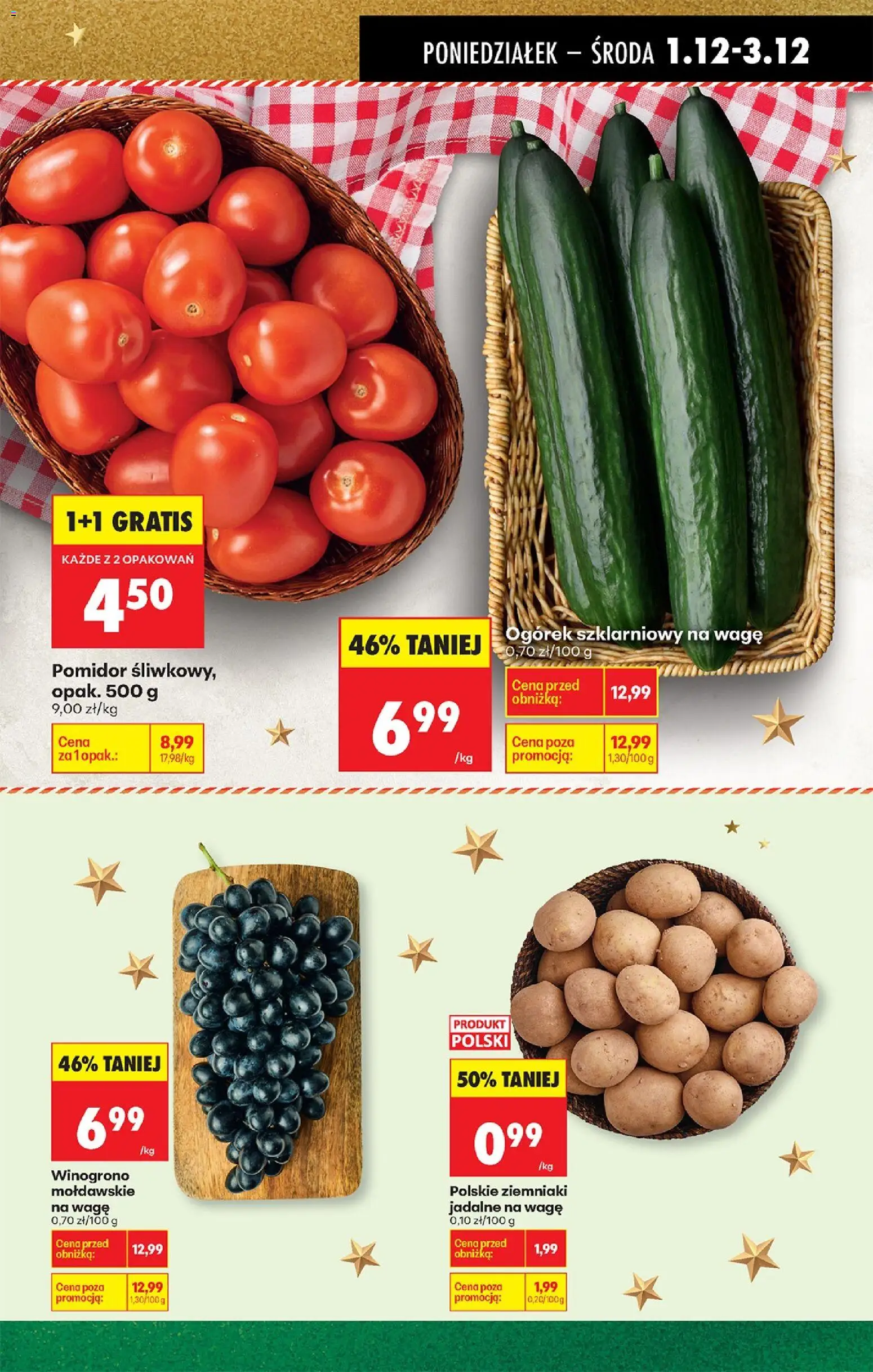 Biedronka gazetka od 01.12.2025 | Strona: 33 | Produkty: Pomidor śliwkowy, Winogrono, Ogórek szklarniowy, Ziemniaki