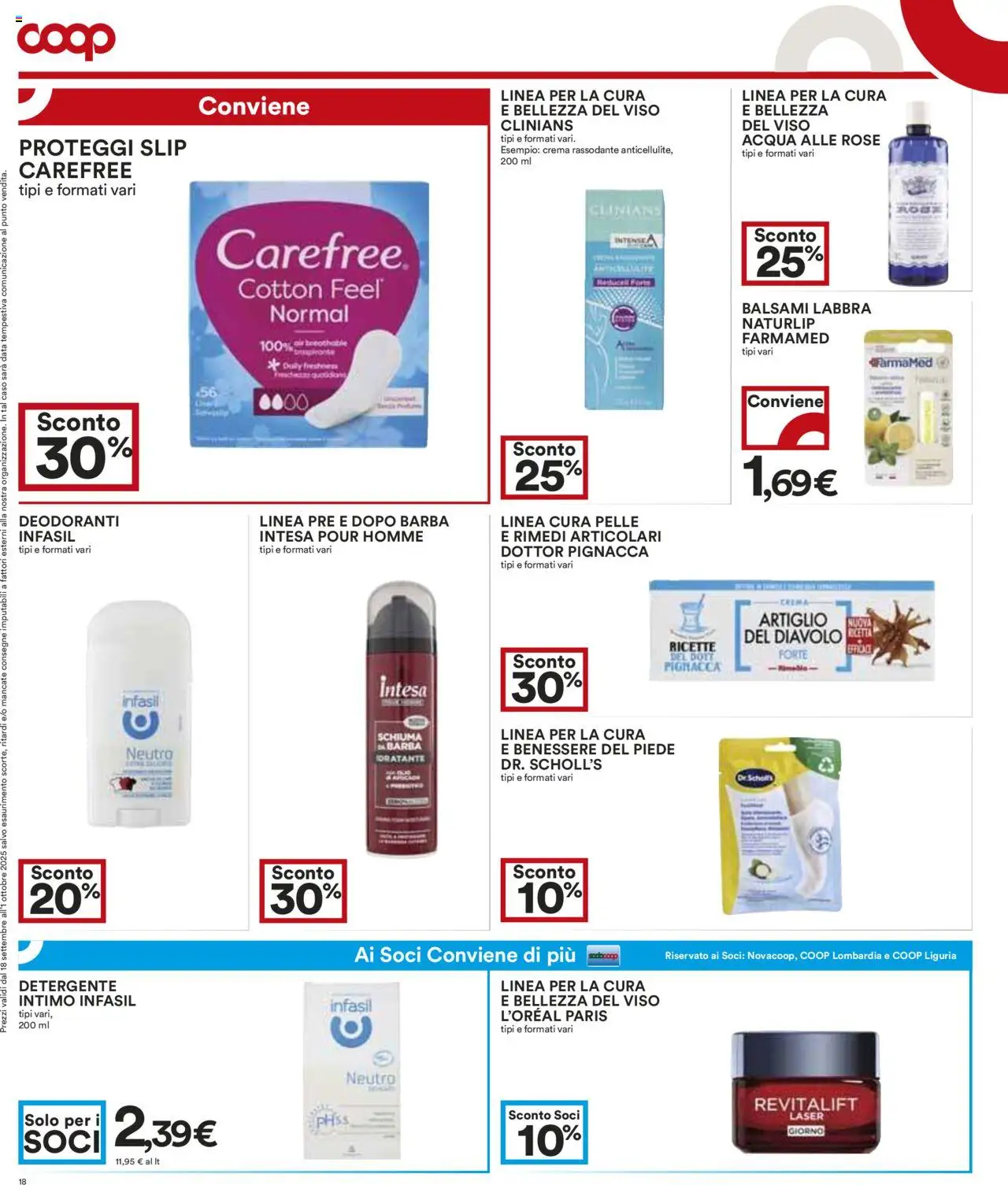 Volantino COOP del 18.09.2025 | Pagina: 18 | Prodotti: Crema, Proteggi slip, Detergente intimo, Acqua