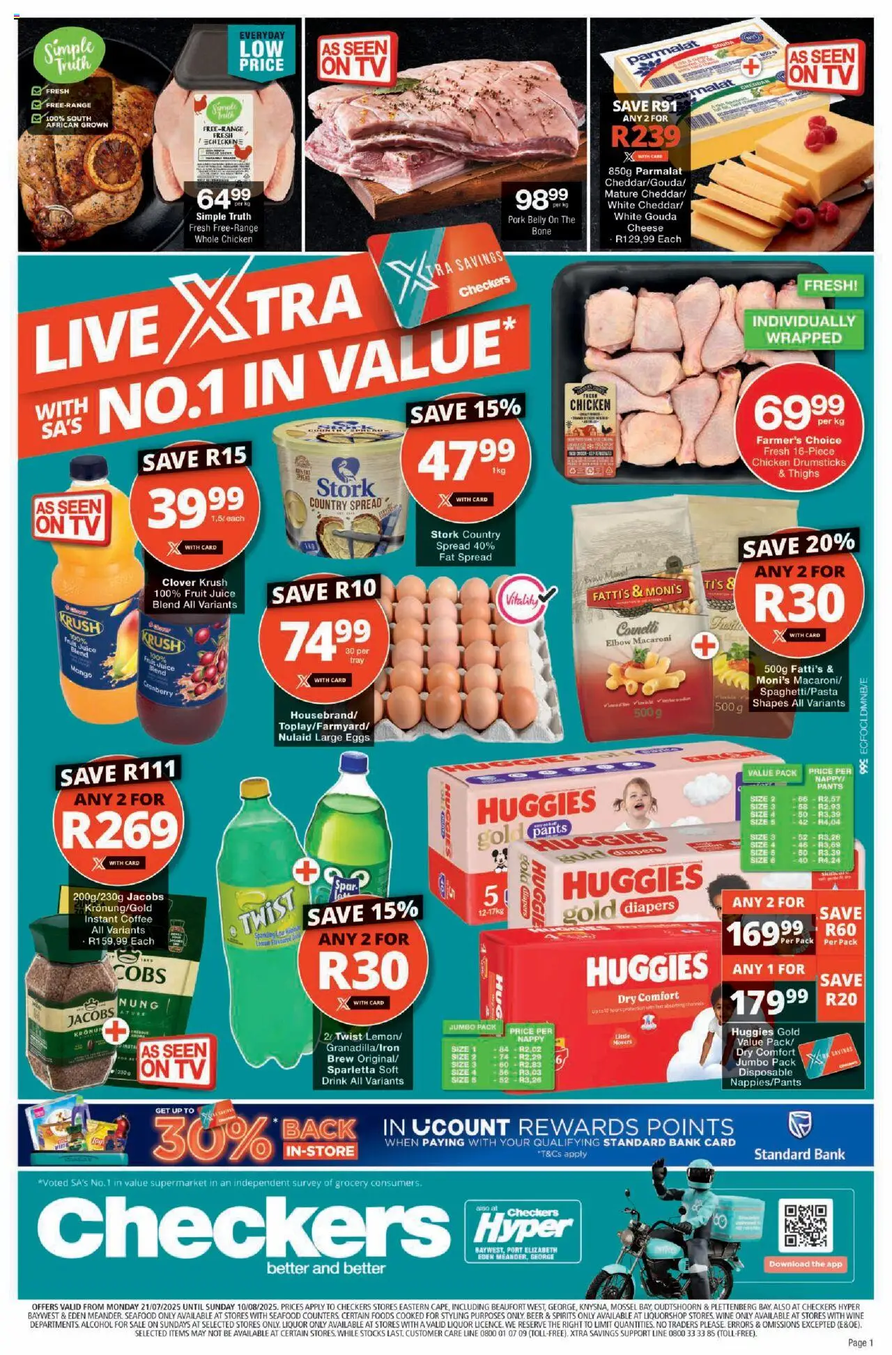 Checkers Eastern Cape - July Month-End Promotion │ valid from 21.07.2025 | Page: 1 | Products: Wine, Seafood, Mango, Estuche organizador de viaje