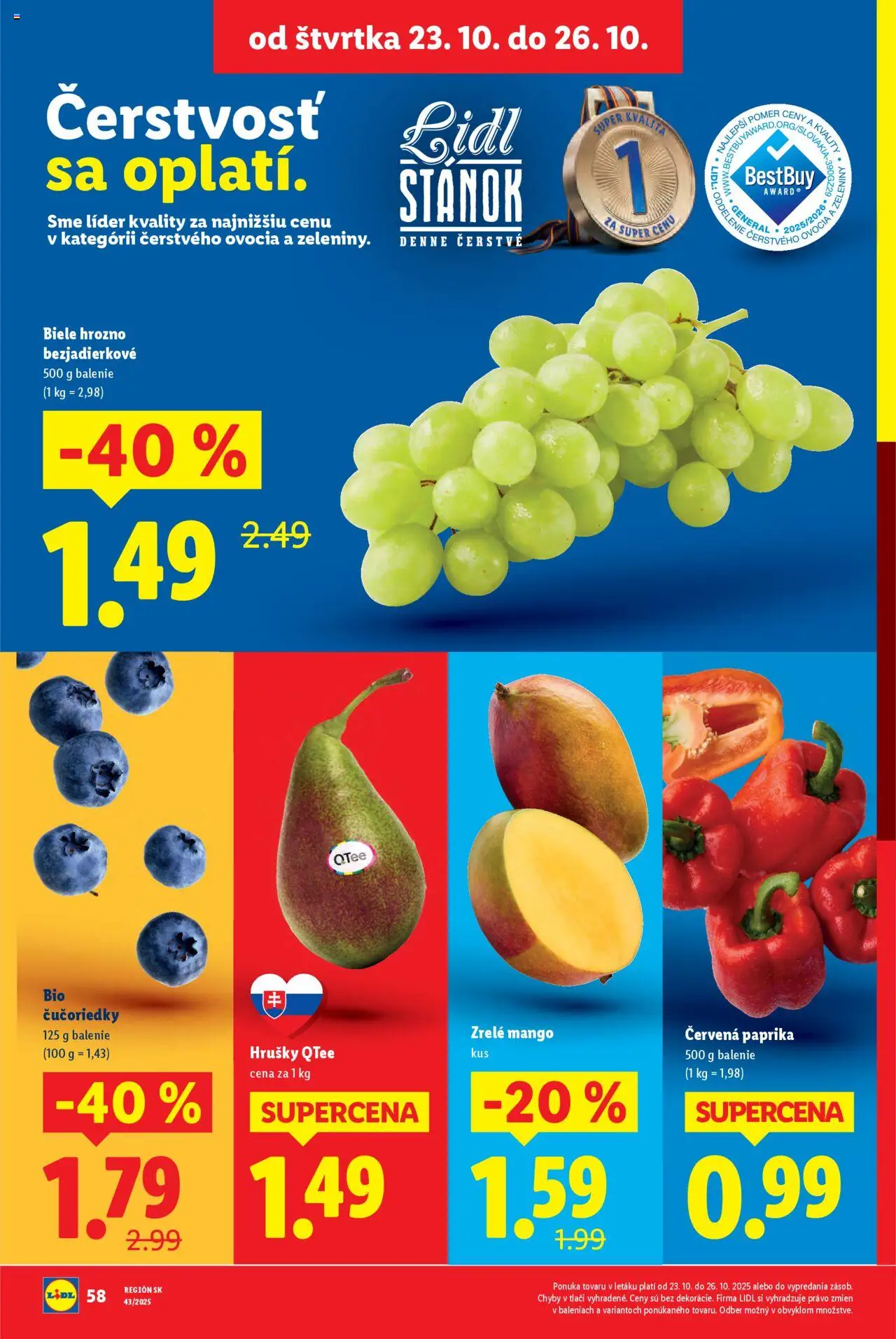 Nové Lidl akcie – leták je platný od 20.10.2025 | Strana: 74 | Produkty: Paprika, Čučoriedky, Mango, Hrozno