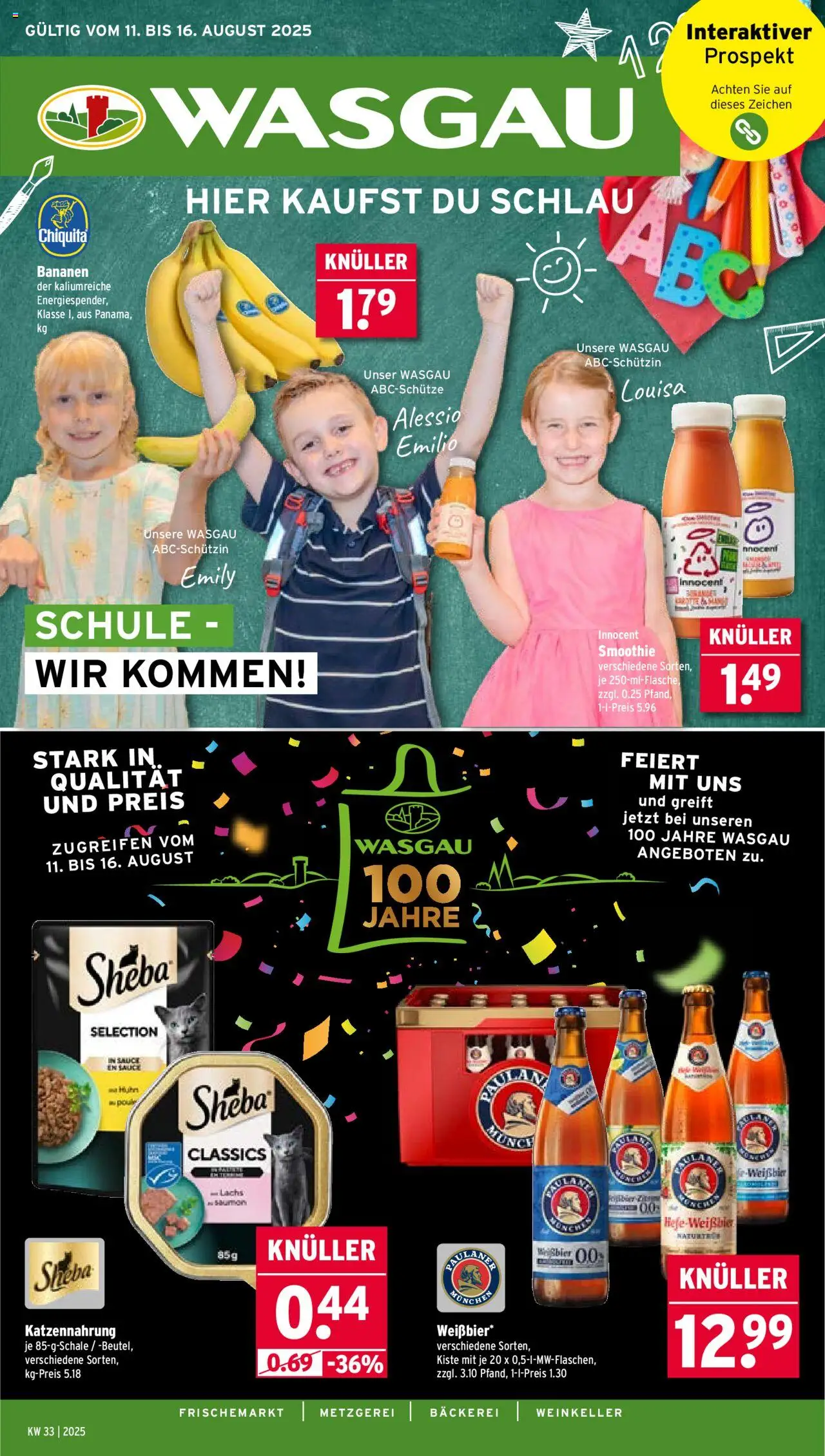 Wasgau Prospekt 	 - gültig ab dem 11.08.2025 | Seite: 1 | Produkte: Bäckerei, Sheba, Bananen, Lachs
