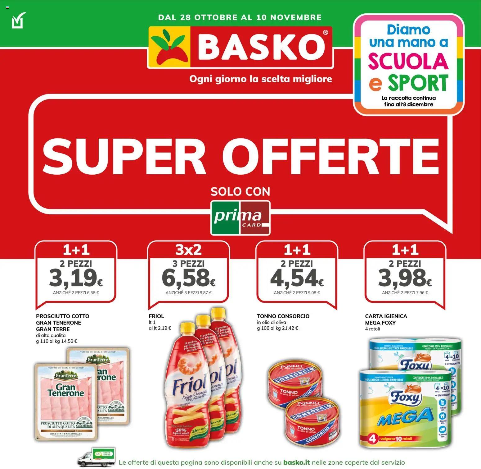 Volantino Basko del 28.10.2025 | Pagina: 1 | Prodotti: Carta igienica, Olio, Tonno, Olio di Oliva