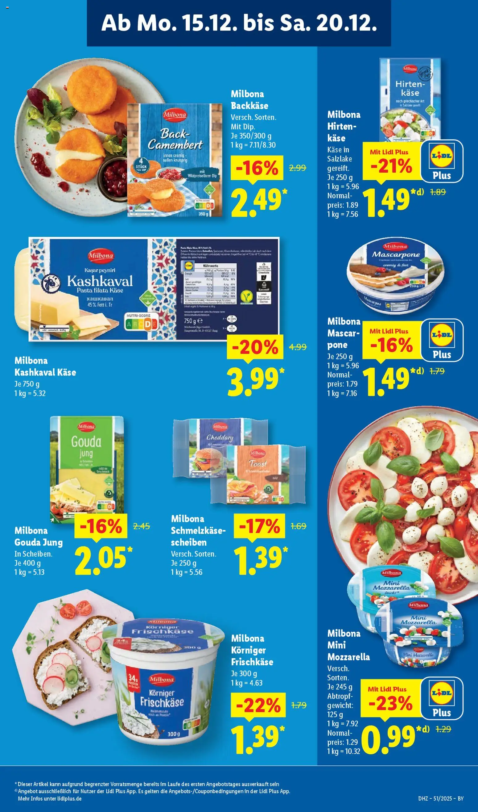 Lidl Prospekt Uffenheim – gültig ab 15.12.2025 | Seite: 15 | Produkte: Gewicht, Mozzarella, Gouda, Frischkase