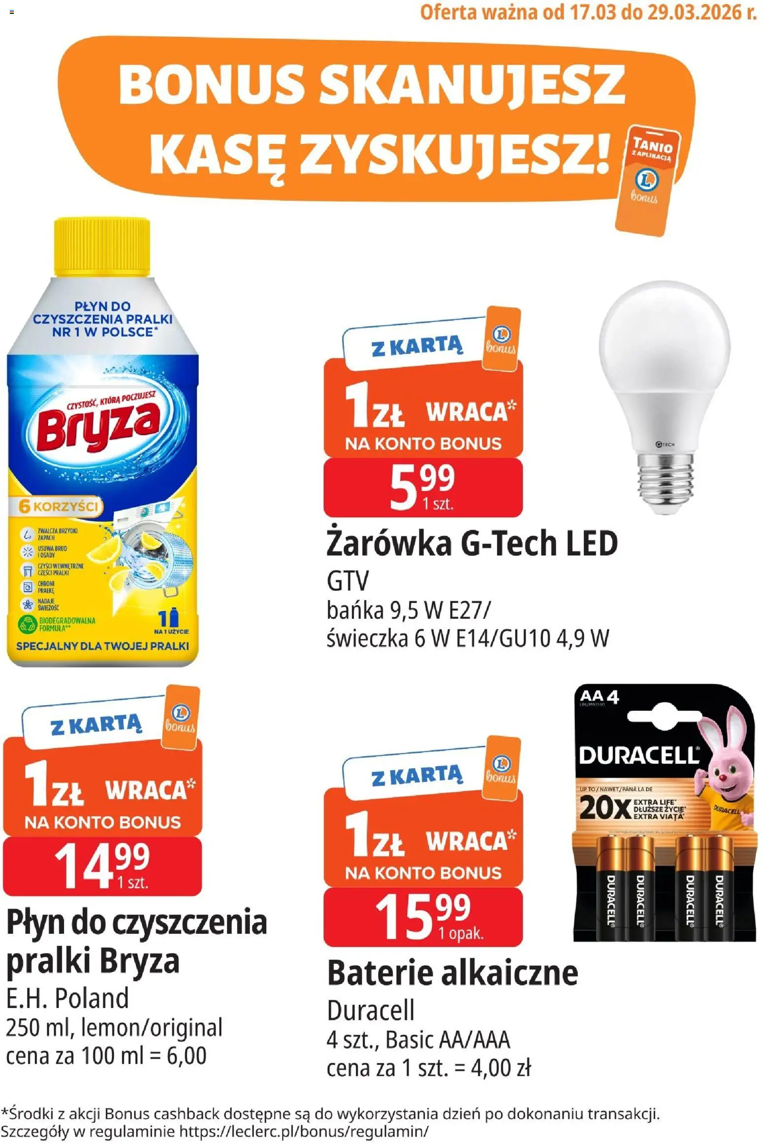 E.Leclerc gazetka - Radom kupony dodatkowe od 17.03.2026 | Strona: 1 | Produkty: Karta, Płyn do czyszczenia pralki, Baterie, Zapach