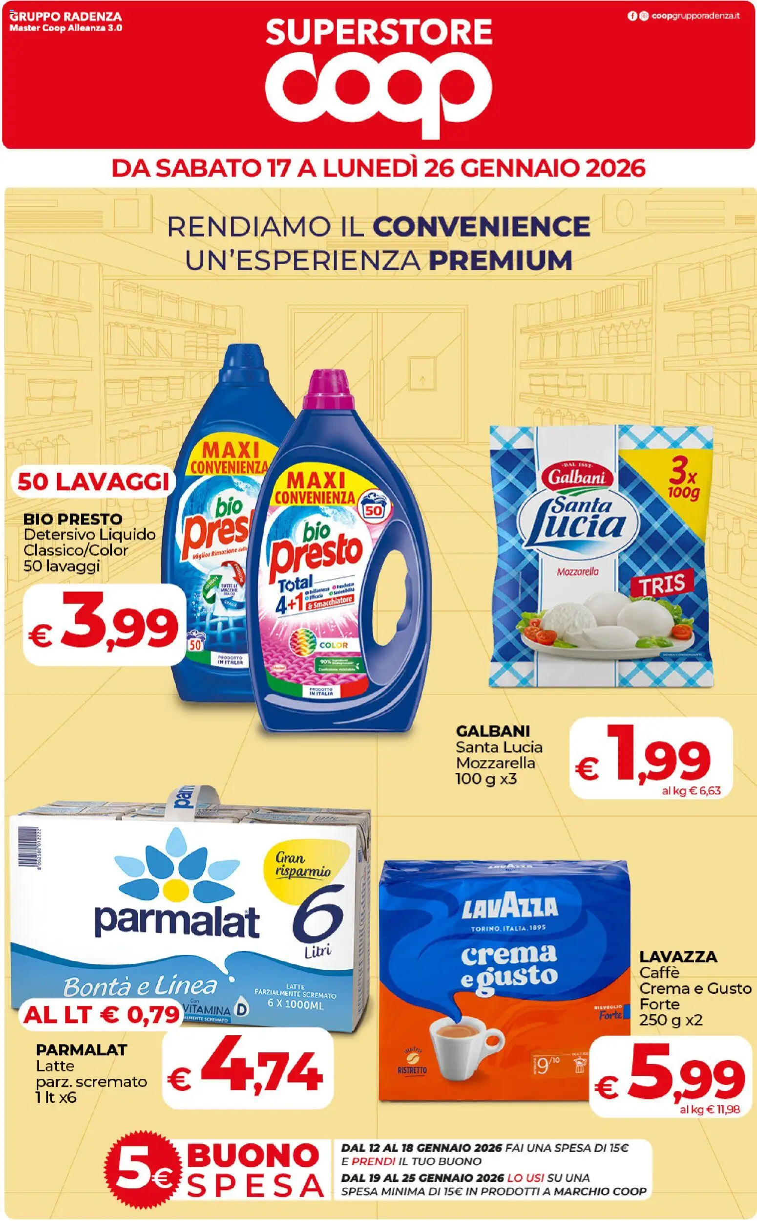 Volantino COOP del 17.01.2026 | Pagina: 1 | Prodotti: Caffè, Mozzarella, Latte, Lavazza